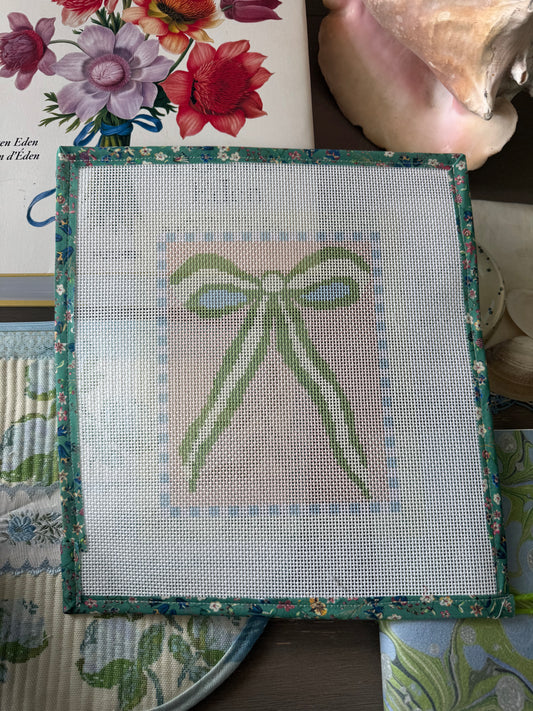 Green Peach Bow Needlepoint Canvas 13 Bow Zweigart Mono Deluxe Mesh Embroidery with finished Liberty of London fabric on the edges