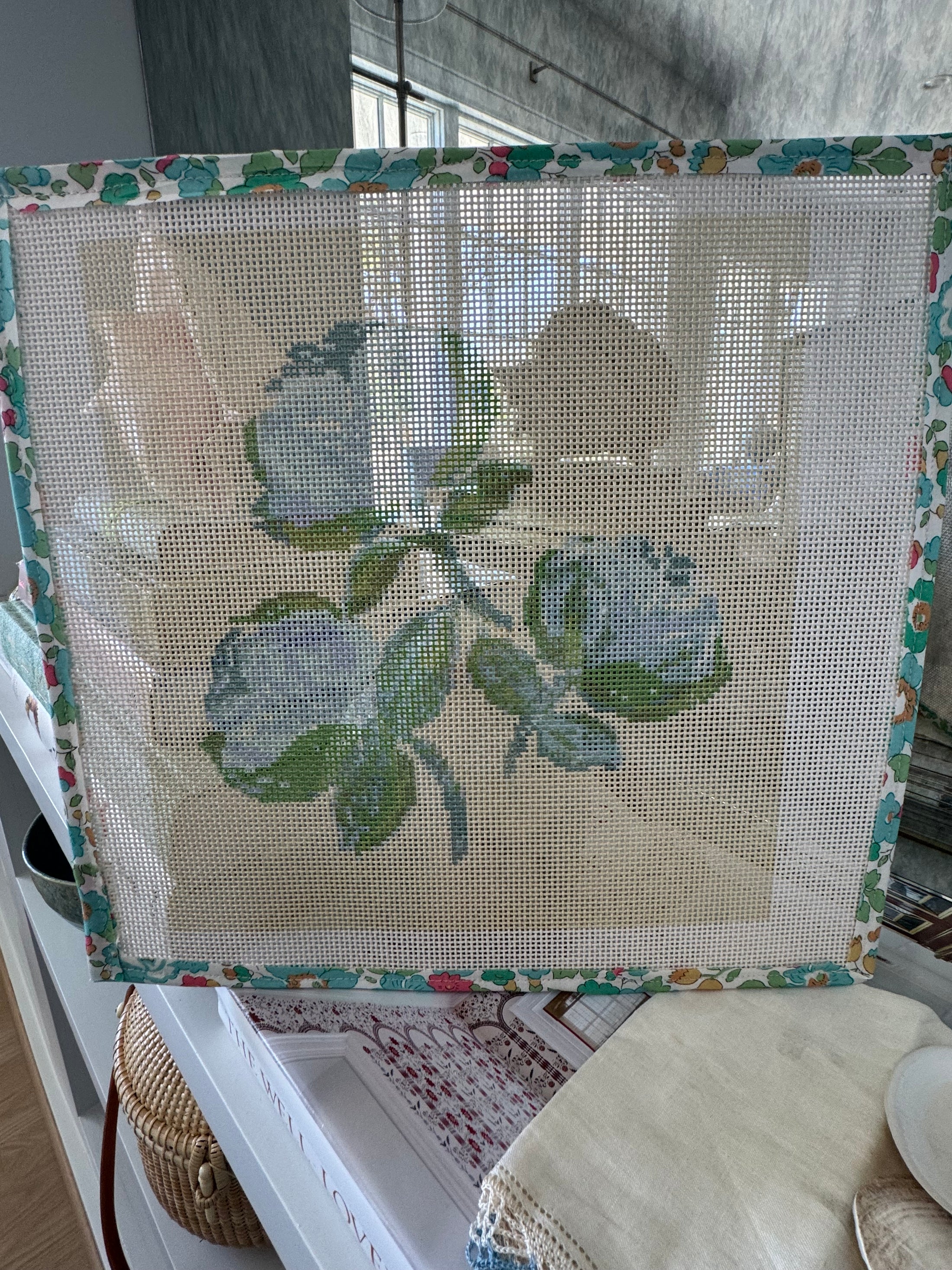 Needlepoint Canvas on 13 Roses  Zweigart Mono Deluxe Mesh Embroidery with finished Liberty of London fabric on the edges