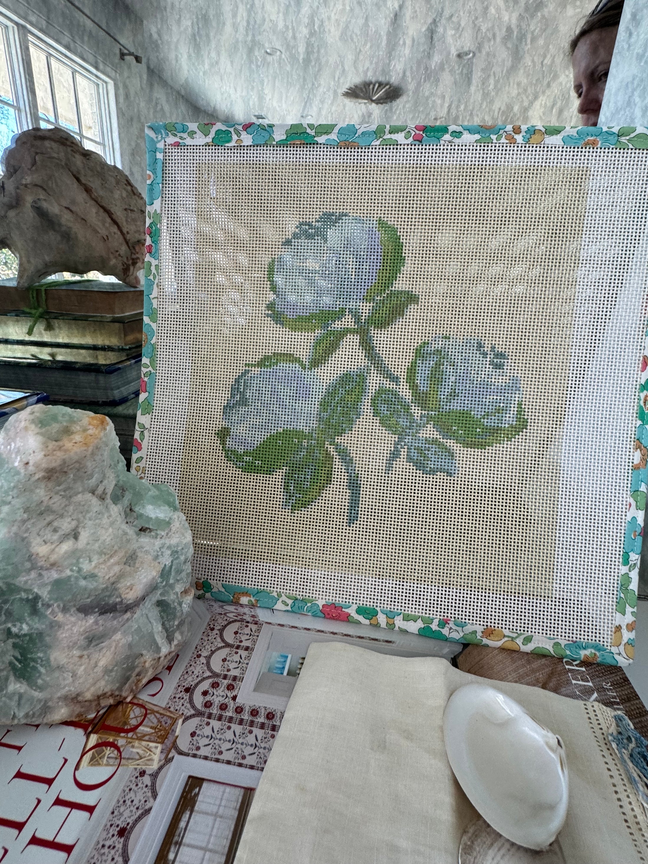 Needlepoint Canvas on 13 Roses  Zweigart Mono Deluxe Mesh Embroidery with finished Liberty of London fabric on the edges