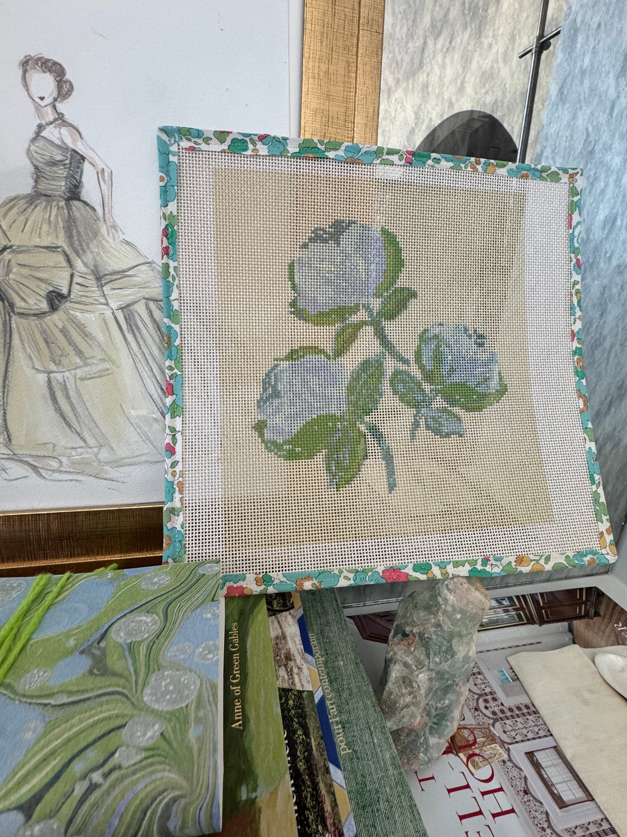 Needlepoint Canvas on 13 Roses  Zweigart Mono Deluxe Mesh Embroidery with finished Liberty of London fabric on the edges