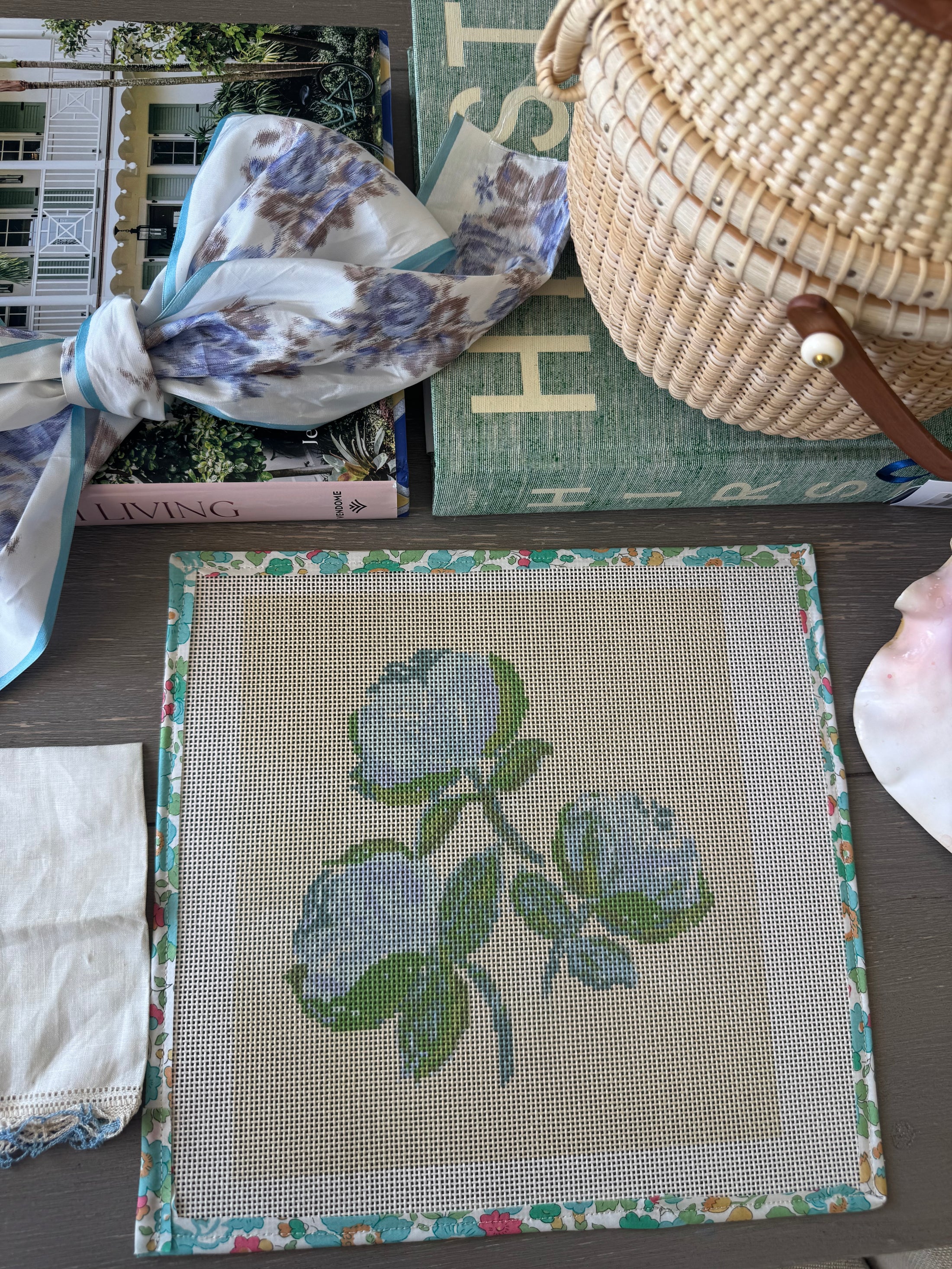 Needlepoint Canvas on 13 Roses  Zweigart Mono Deluxe Mesh Embroidery with finished Liberty of London fabric on the edges