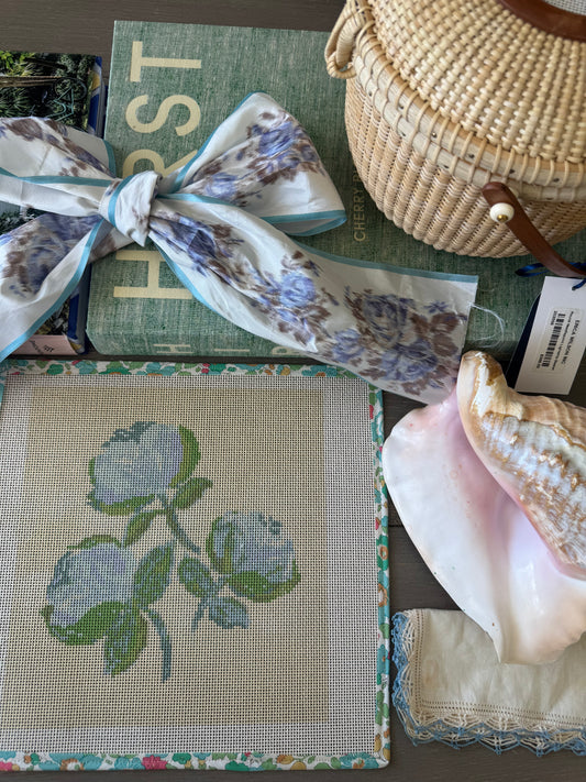 Needlepoint Canvas on 13 Bowood Roses  Zweigart Mono Deluxe Mesh Embroidery with finished Liberty of London fabric on the edges