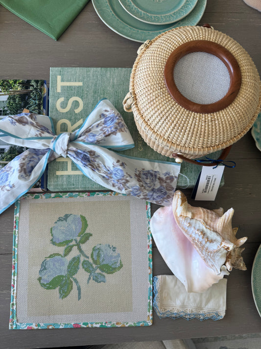 Needlepoint Canvas on 13 Bowood Roses  Zweigart Mono Deluxe Mesh Embroidery with finished Liberty of London fabric on the edges