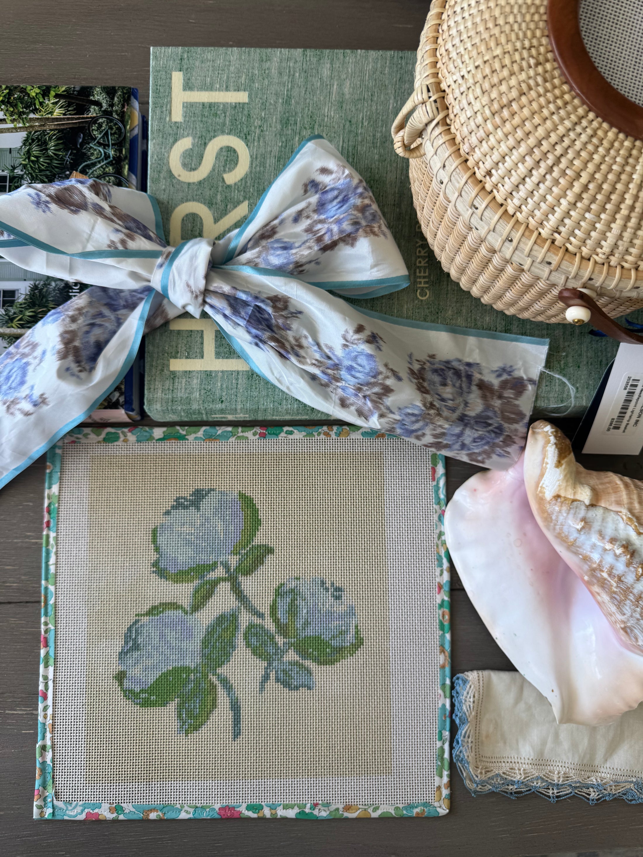 Needlepoint Canvas on 13 Roses  Zweigart Mono Deluxe Mesh Embroidery with finished Liberty of London fabric on the edges