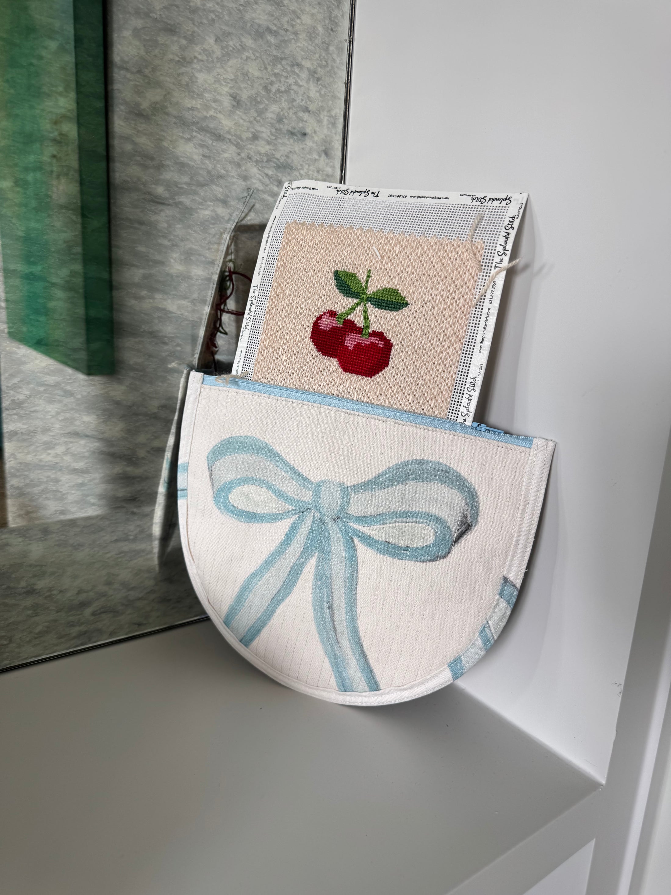 Blue Bow Needlepoint Canvas Thread Pouch Bag