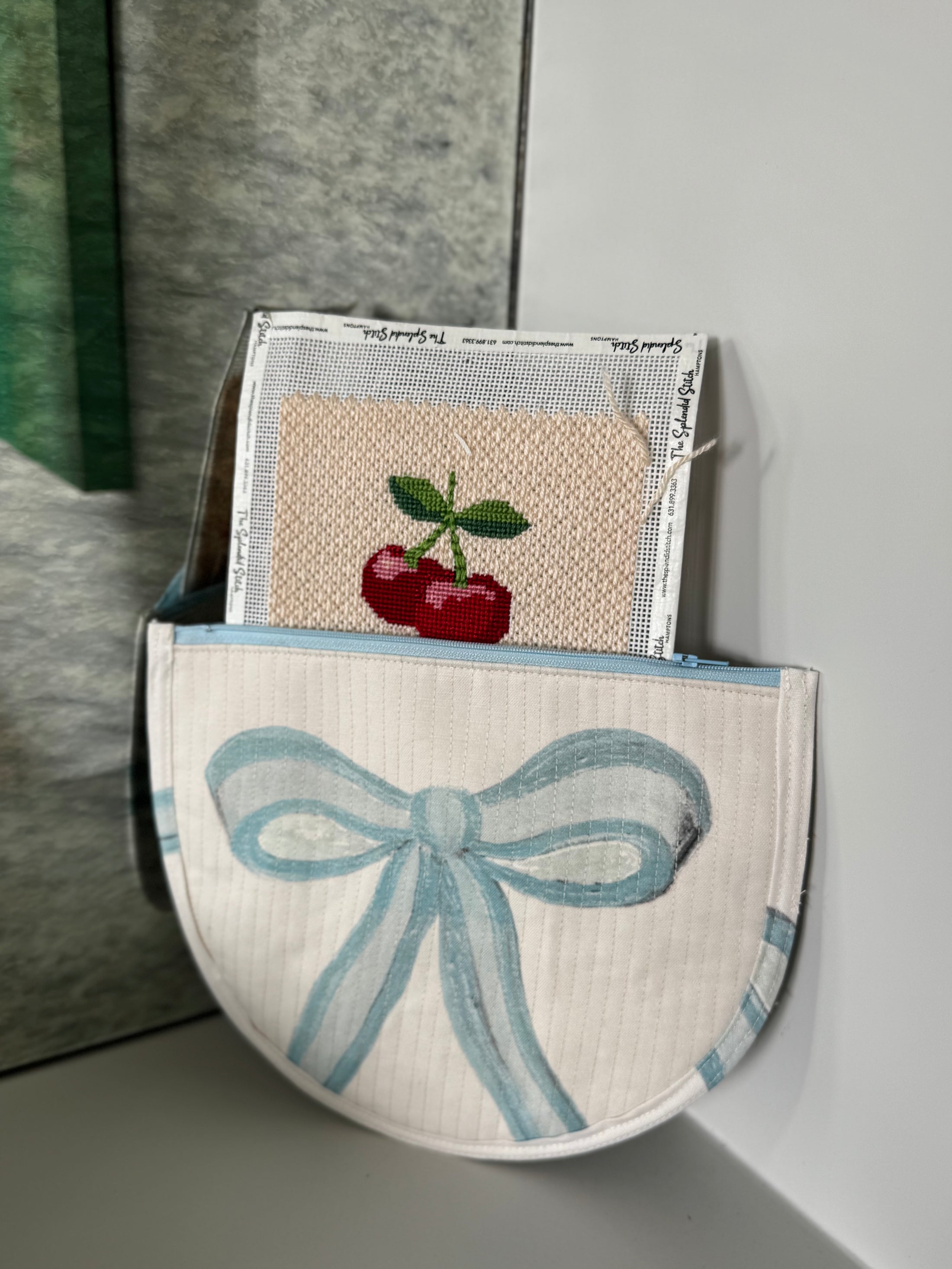 Blue Bow Needlepoint Canvas Thread Pouch Bag