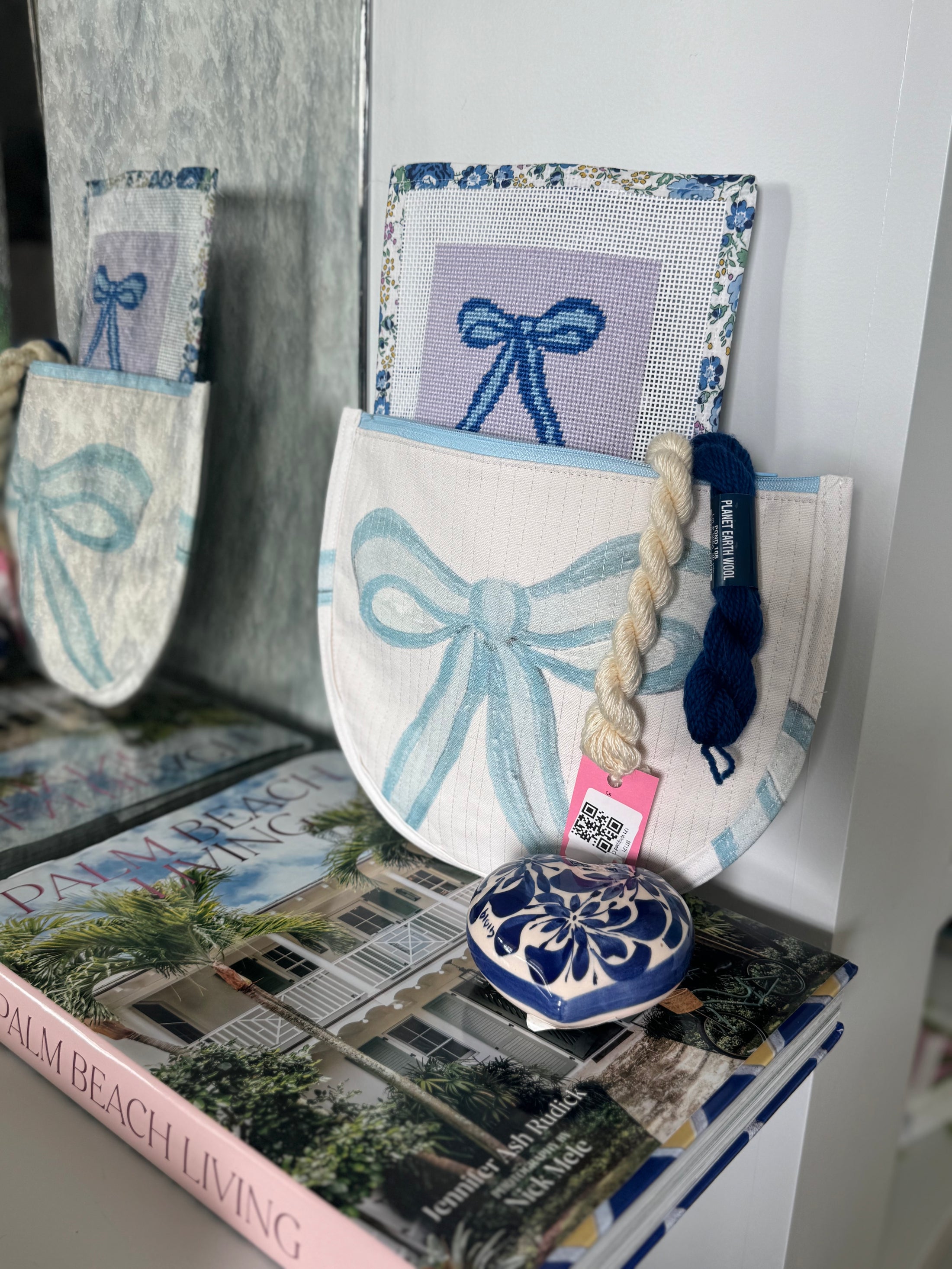 Blue Bow Needlepoint Canvas Thread Pouch Bag