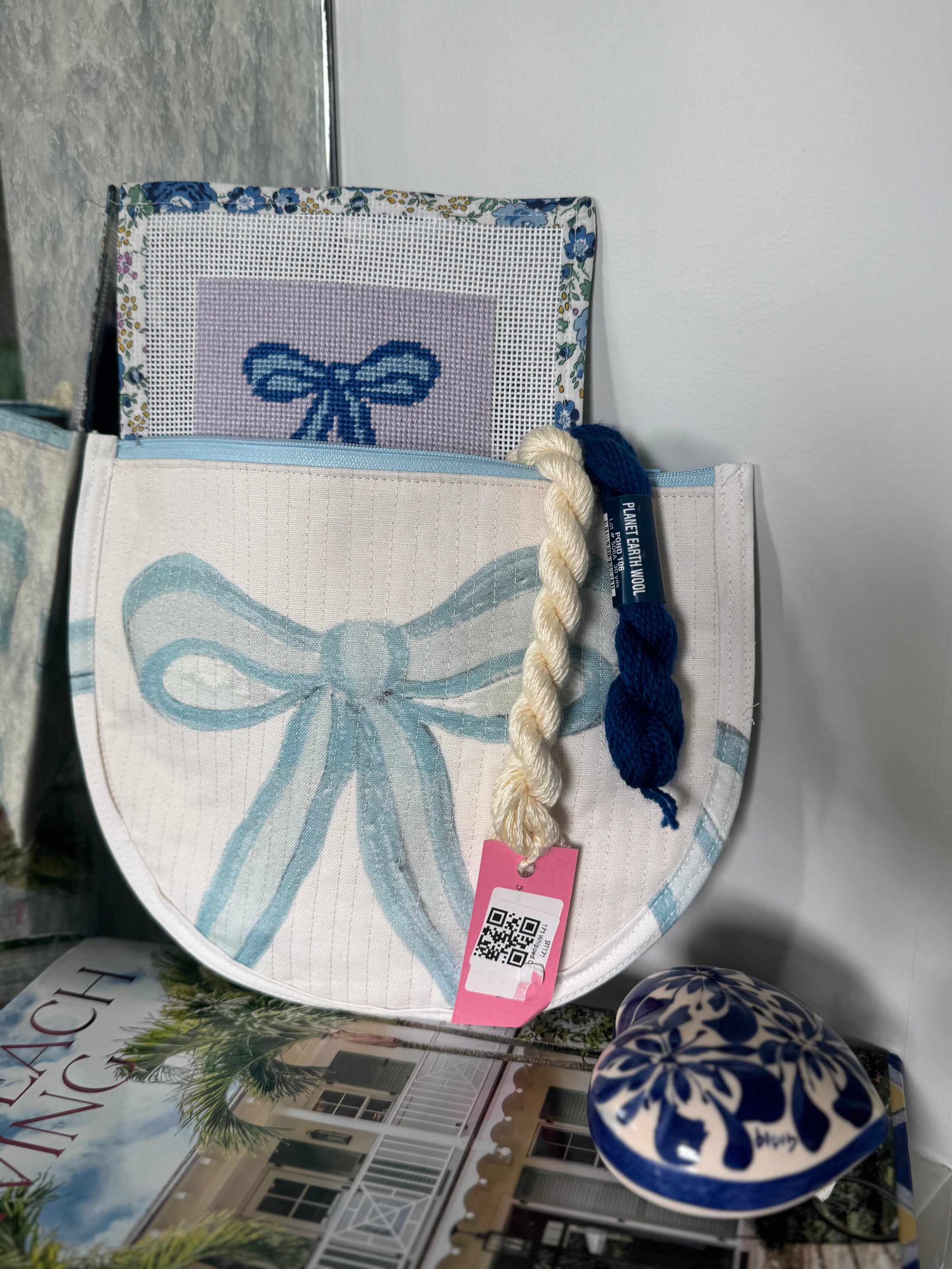 Blue Bow Needlepoint Canvas Thread Pouch Bag