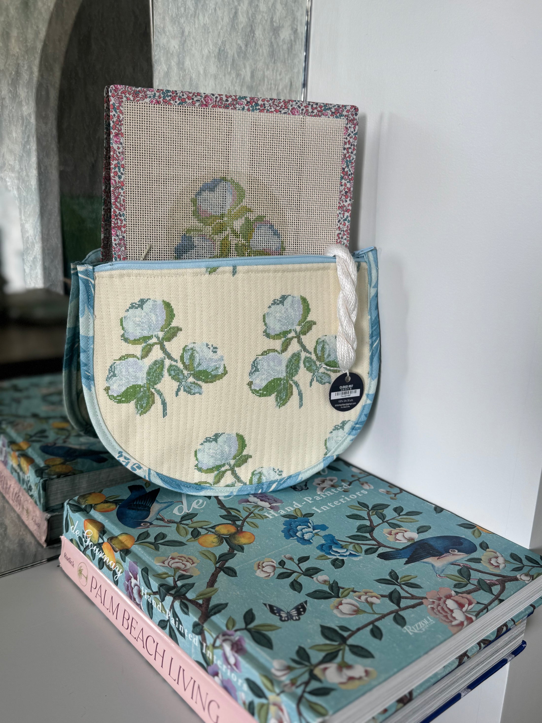Roses East Coast Roses Floral Needlepoint Canvas Thread Pouch Bag