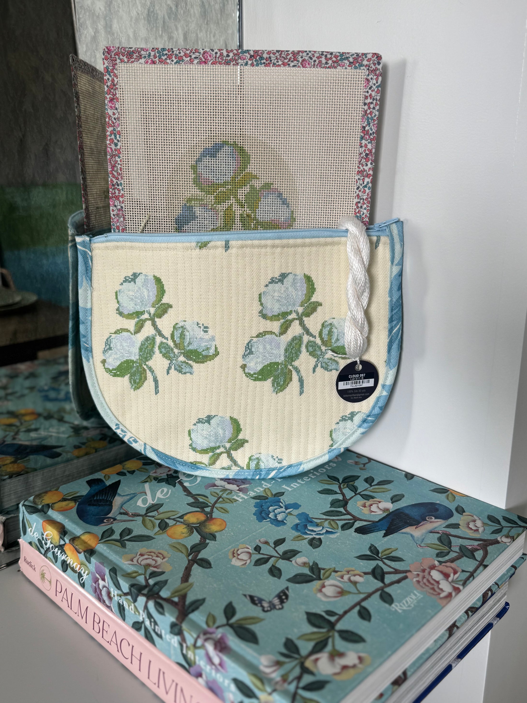 Roses East Coast Roses Floral Needlepoint Canvas Thread Pouch Bag