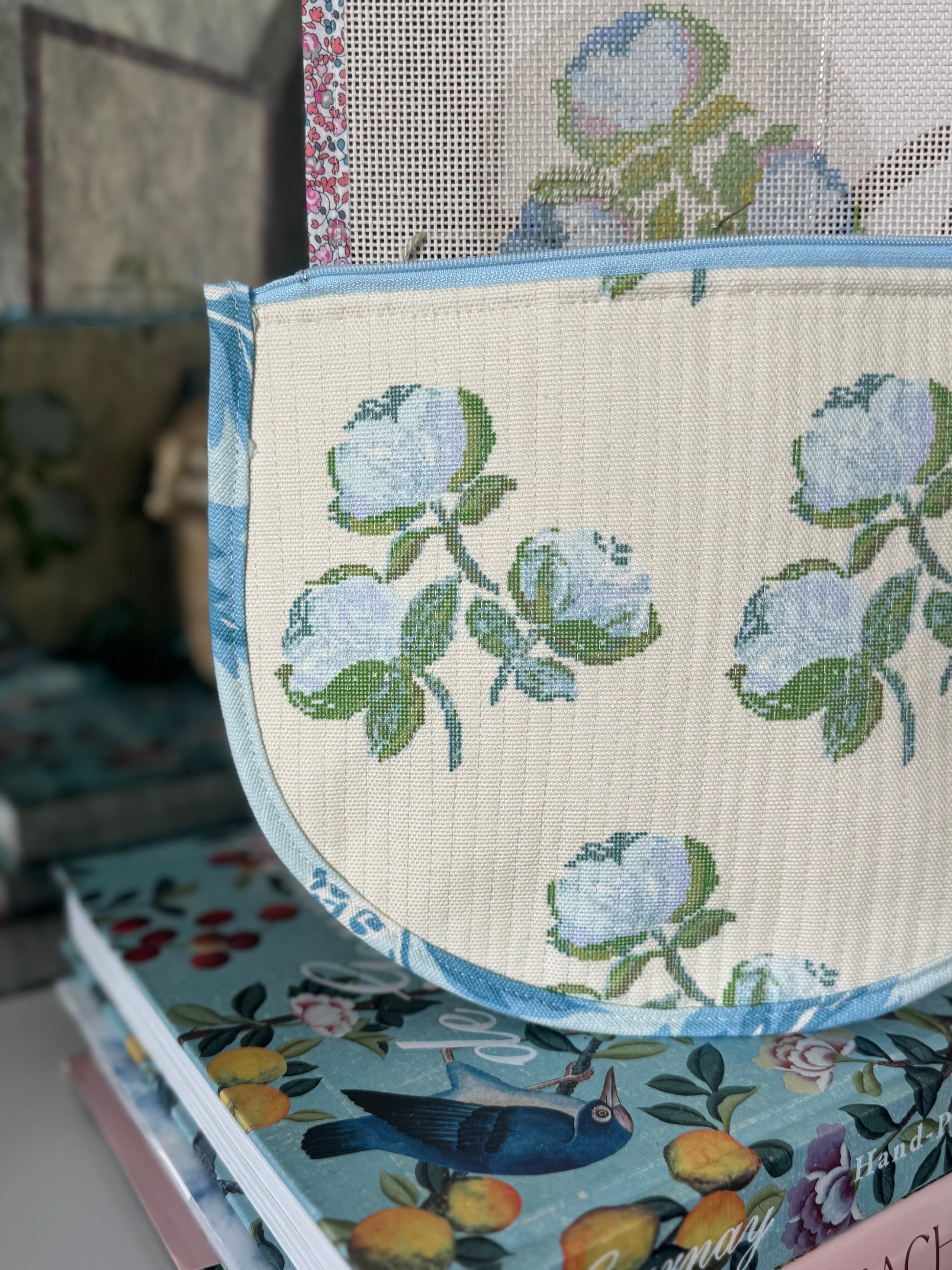Roses East Coast Roses Floral Needlepoint Canvas Thread Pouch Bag