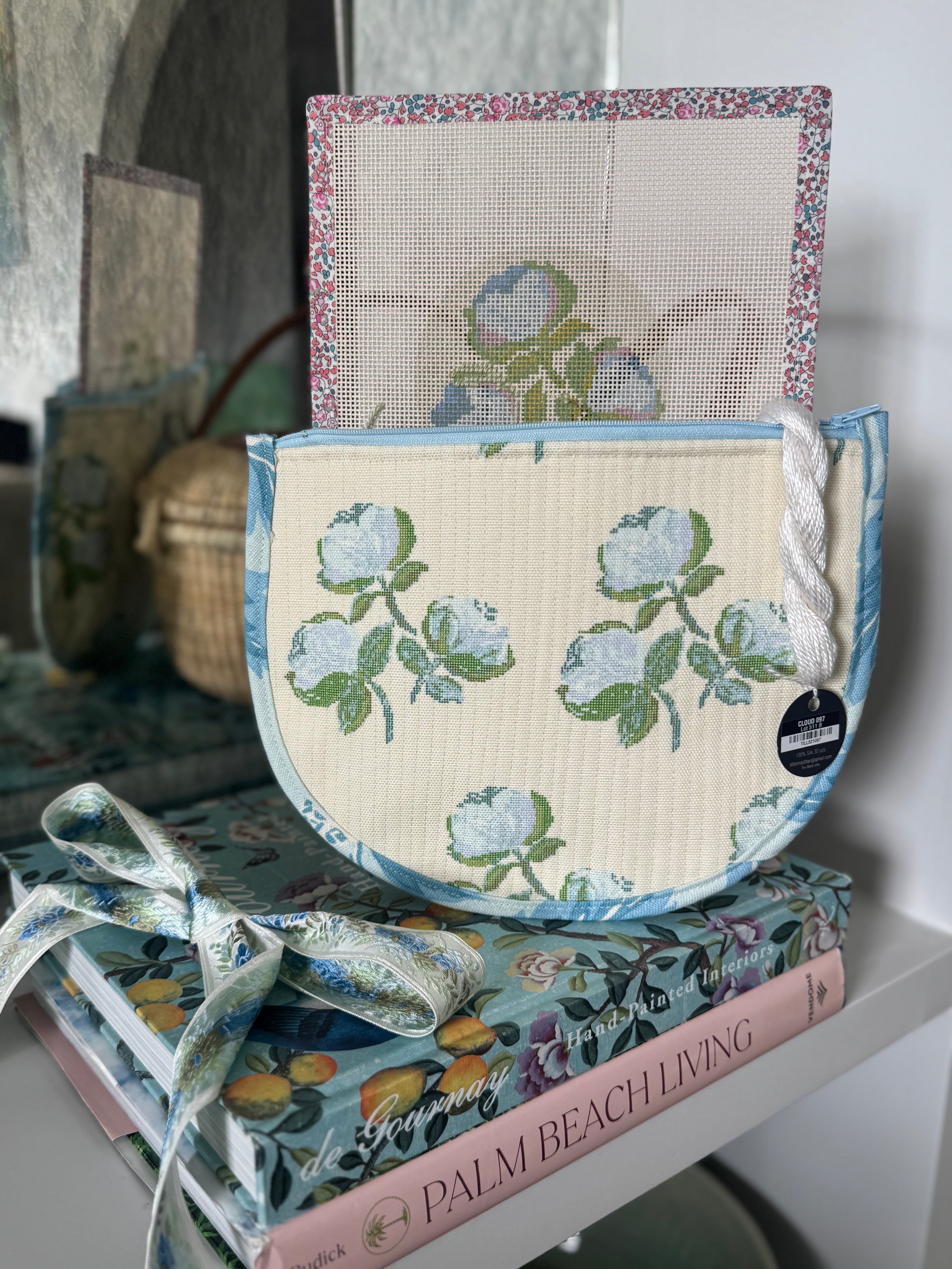 Roses East Coast Roses Floral Needlepoint Canvas Thread Pouch Bag