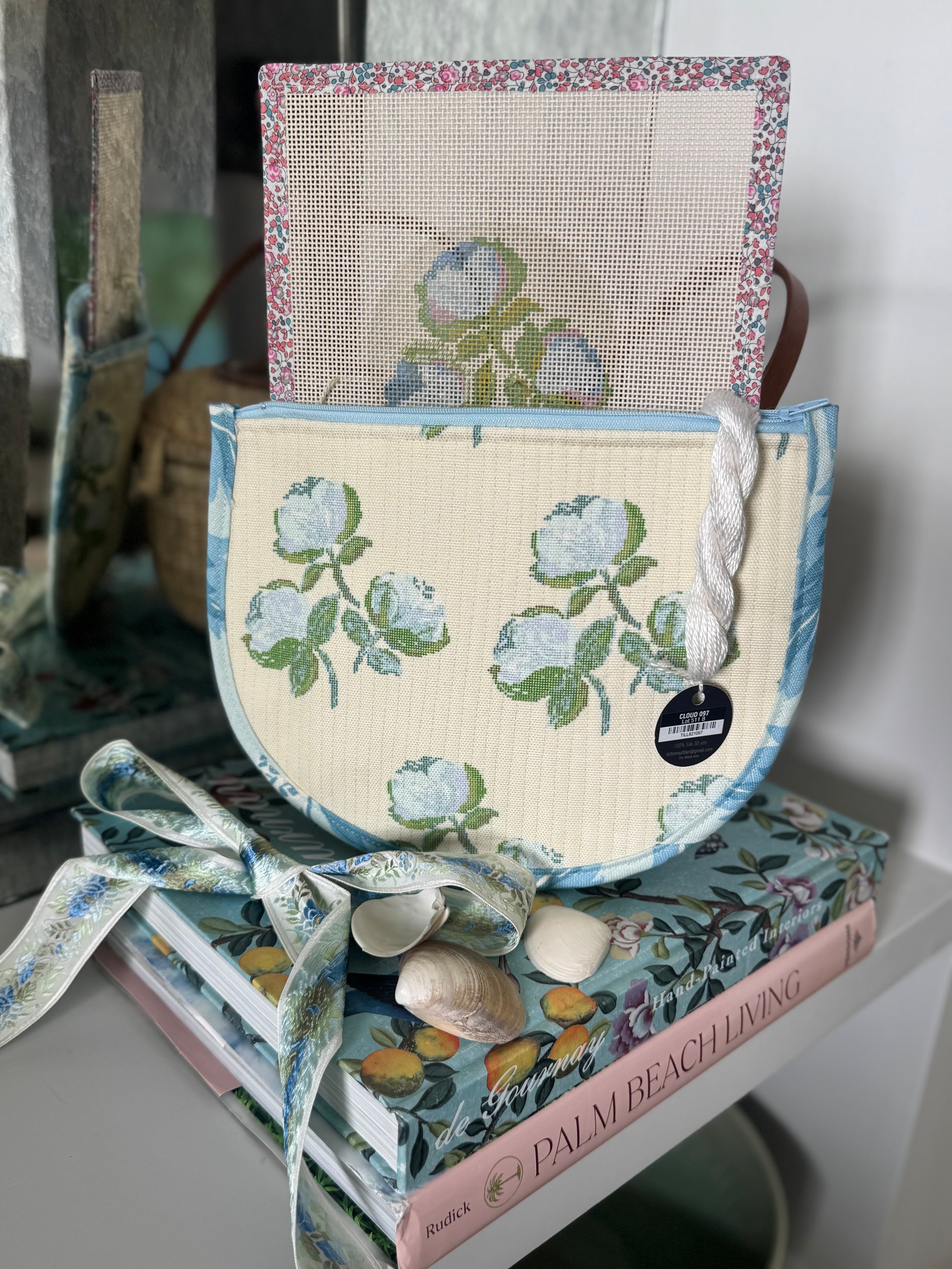 Roses East Coast Roses Floral Needlepoint Canvas Thread Pouch Bag
