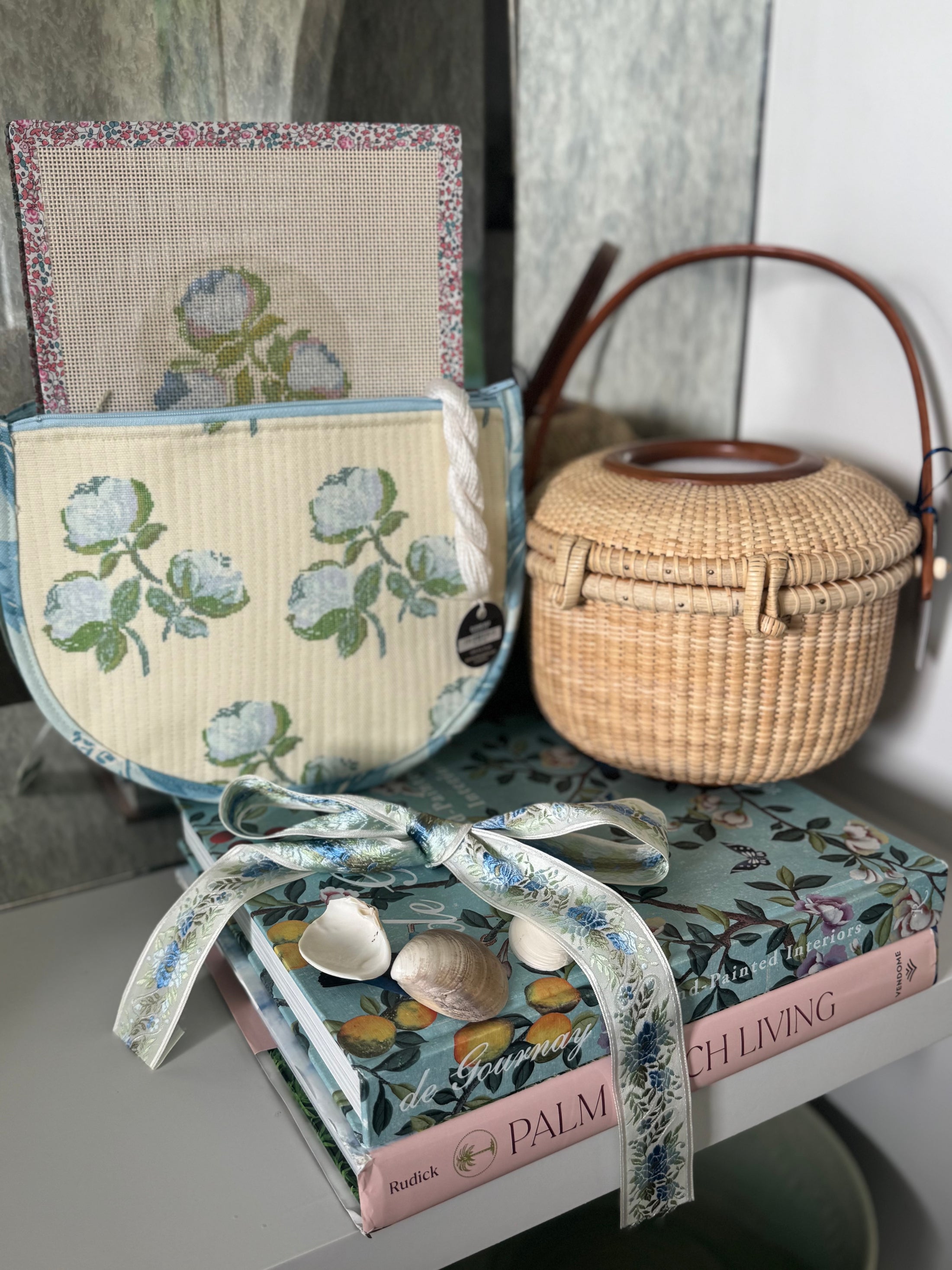 Roses East Coast Roses Floral Needlepoint Canvas Thread Pouch Bag