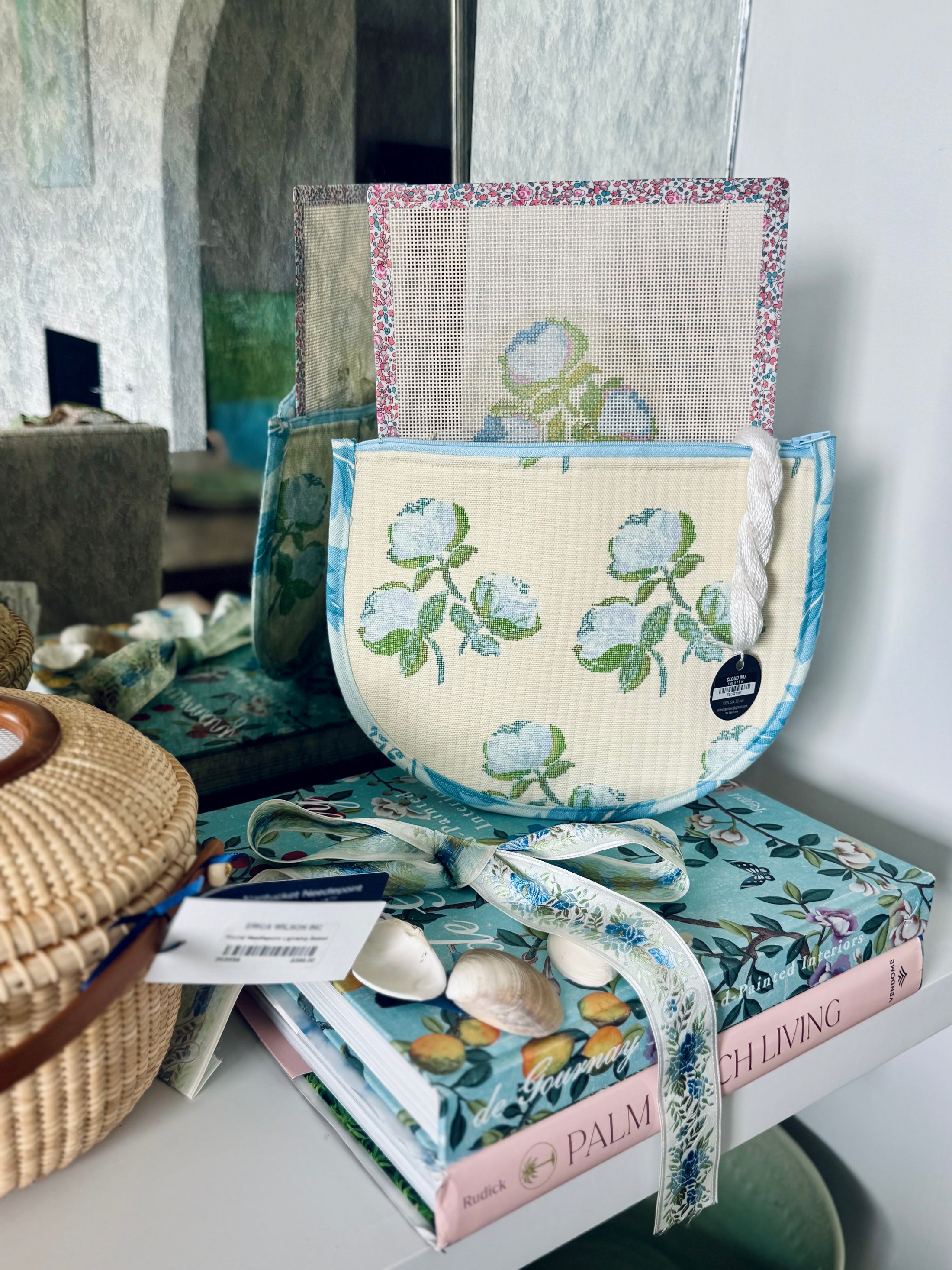 Roses East Coast Roses Floral Needlepoint Canvas Thread Pouch Bag