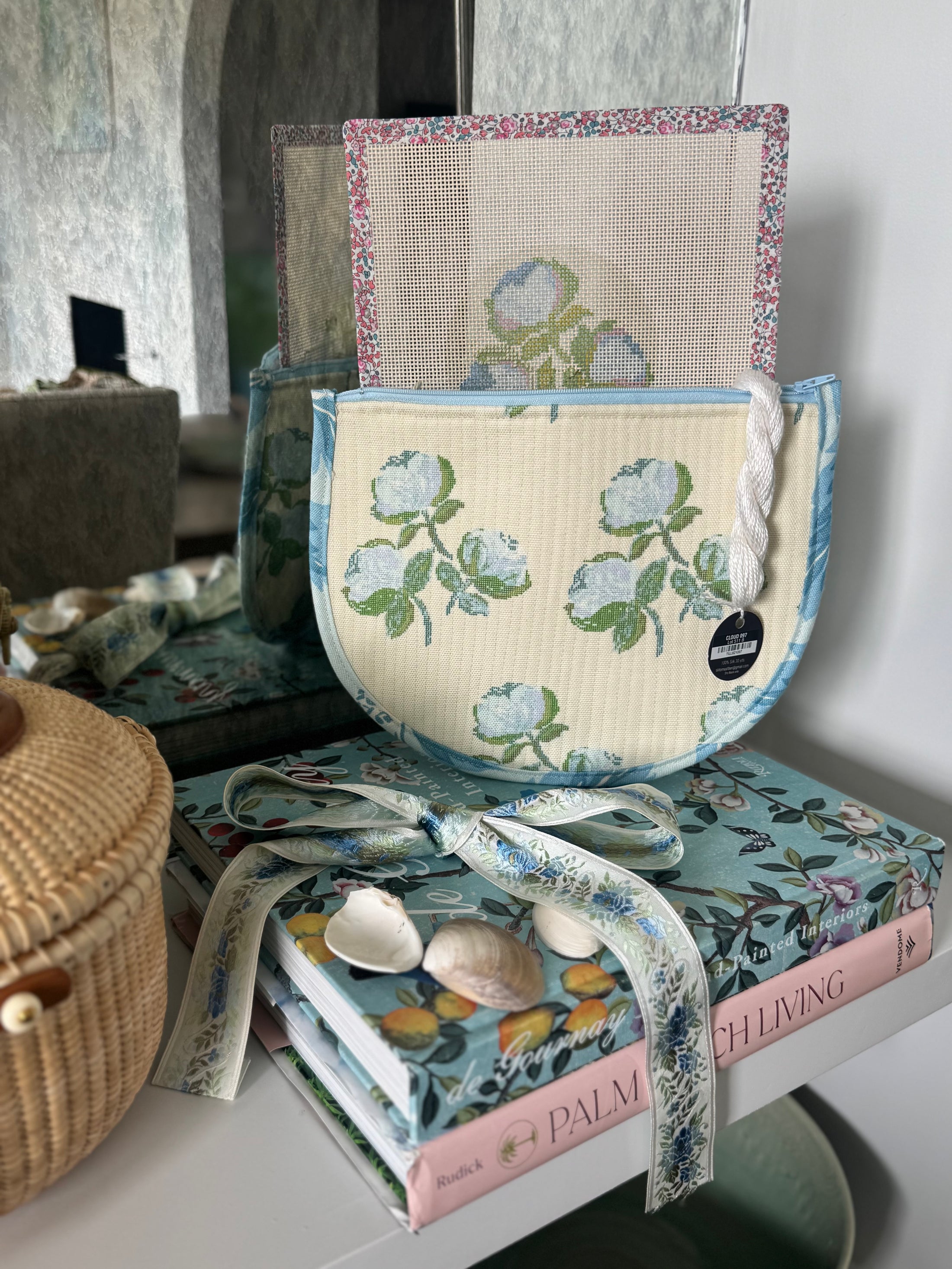 Roses East Coast Roses Floral Needlepoint Canvas Thread Pouch Bag