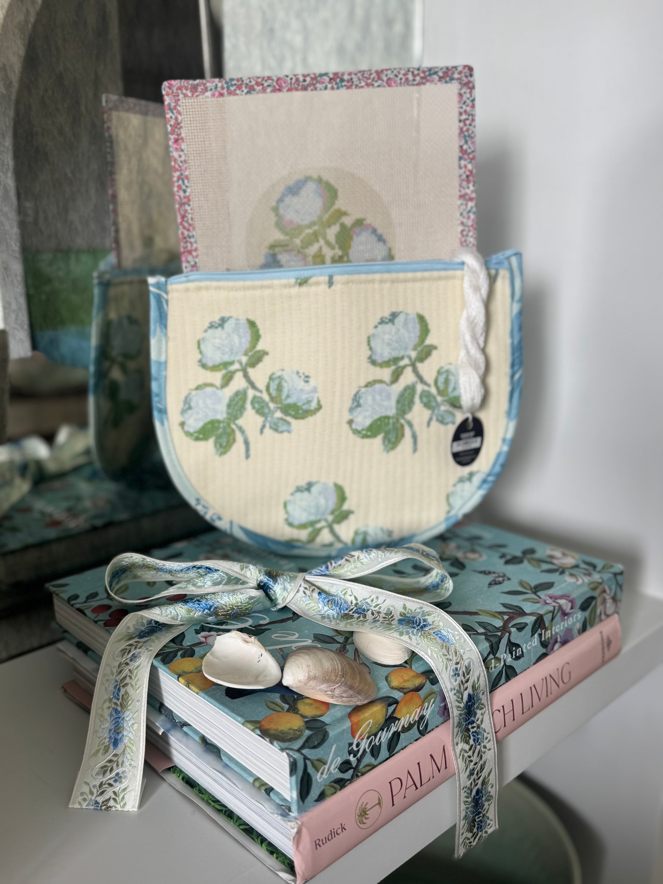 Roses East Coast Roses Floral Needlepoint Canvas Thread Pouch Bag