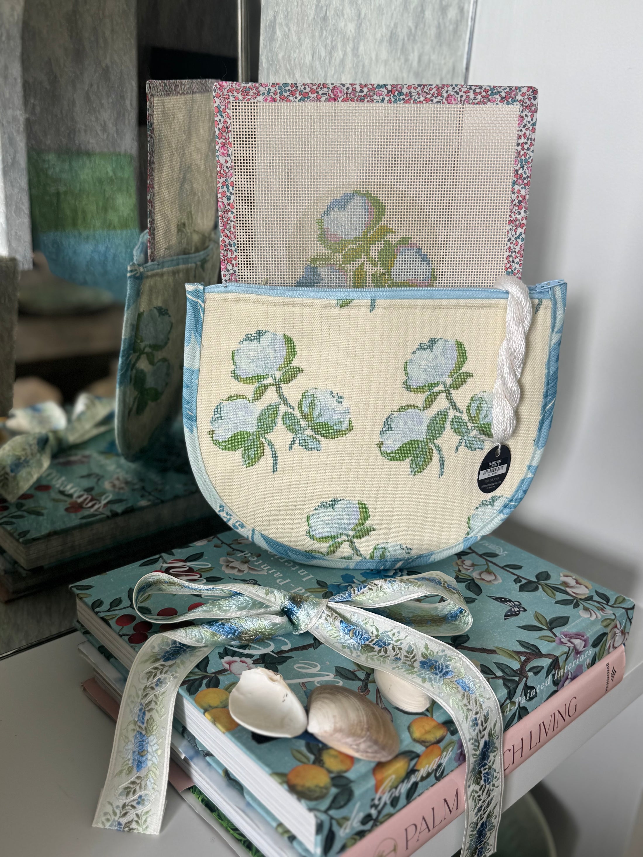 Roses East Coast Roses Floral Needlepoint Canvas Thread Pouch Bag