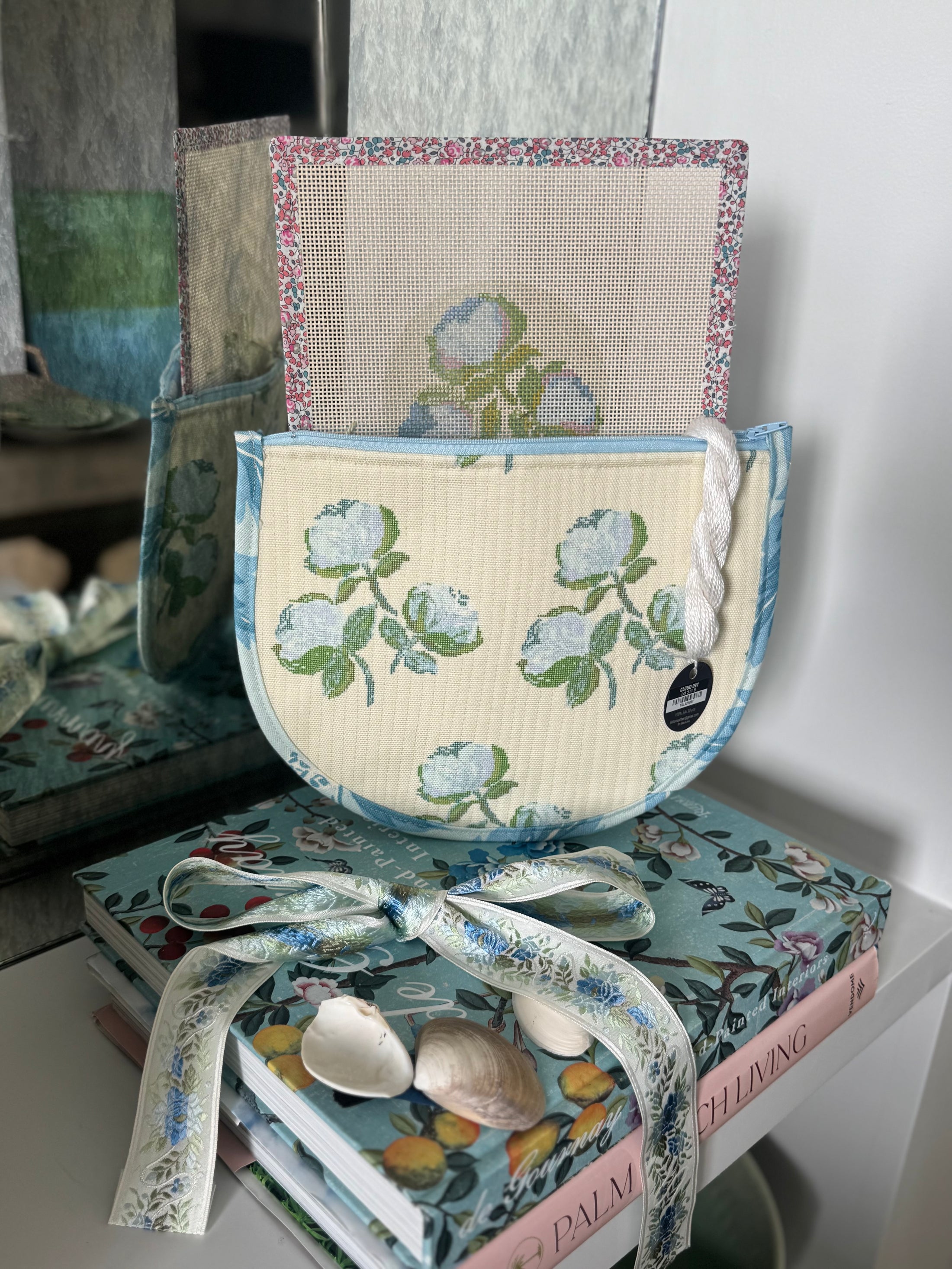Roses East Coast Roses Floral Needlepoint Canvas Thread Pouch Bag