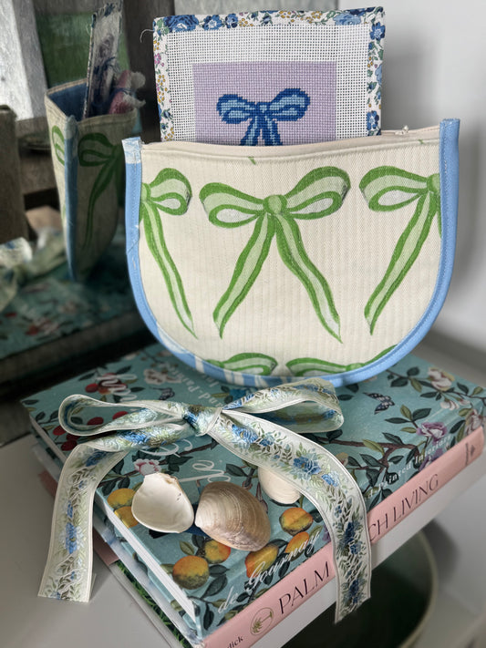 Green Bow Needlepoint Canvas Thread Pouch Bag