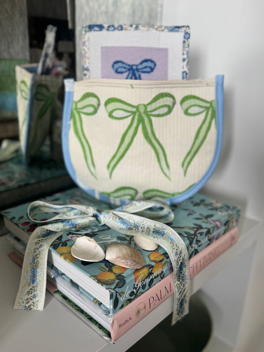 Green Bow Needlepoint Canvas Thread Pouch Bag