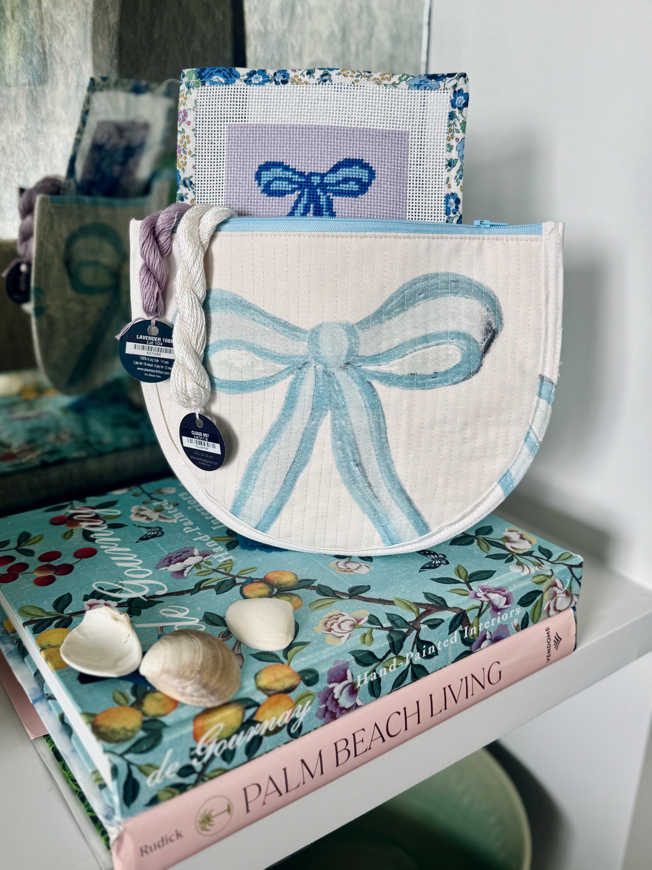 Blue Bow Needlepoint Canvas Thread Pouch Bag