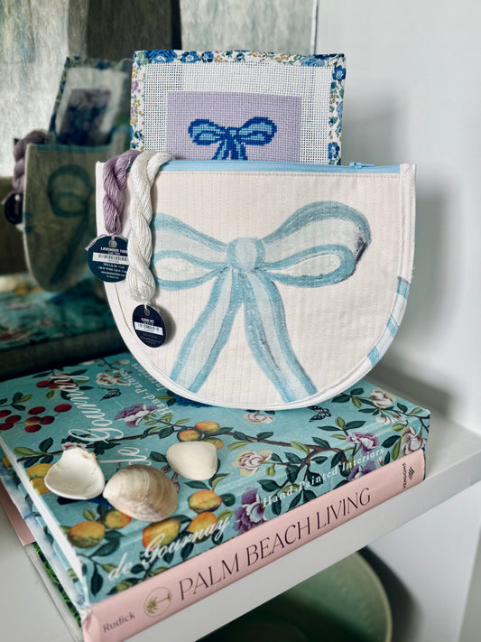 Blue Bow Needlepoint Canvas Thread Pouch Bag