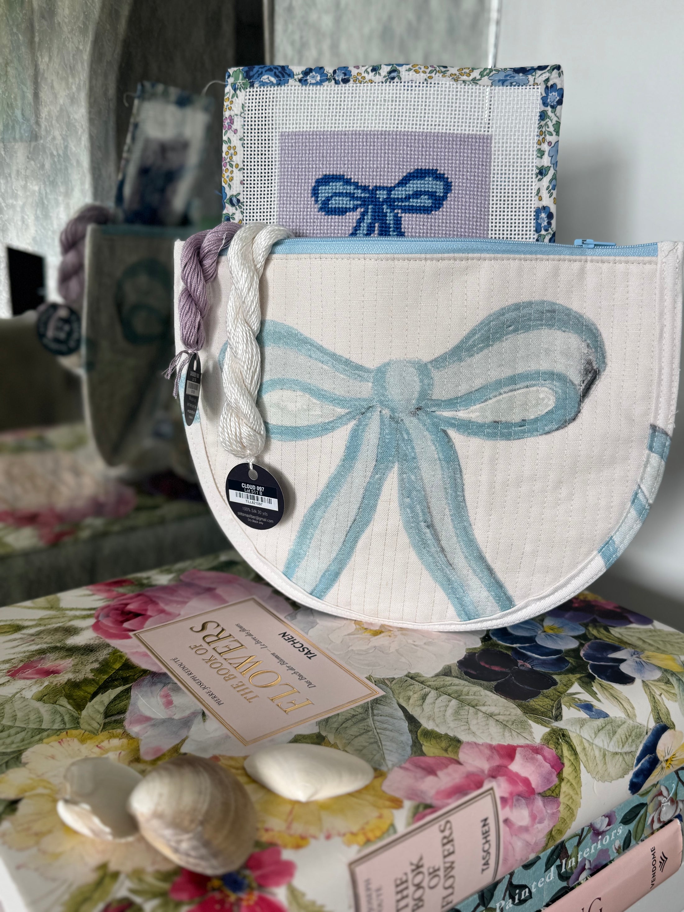 Blue Bow Needlepoint Canvas Thread Pouch Bag