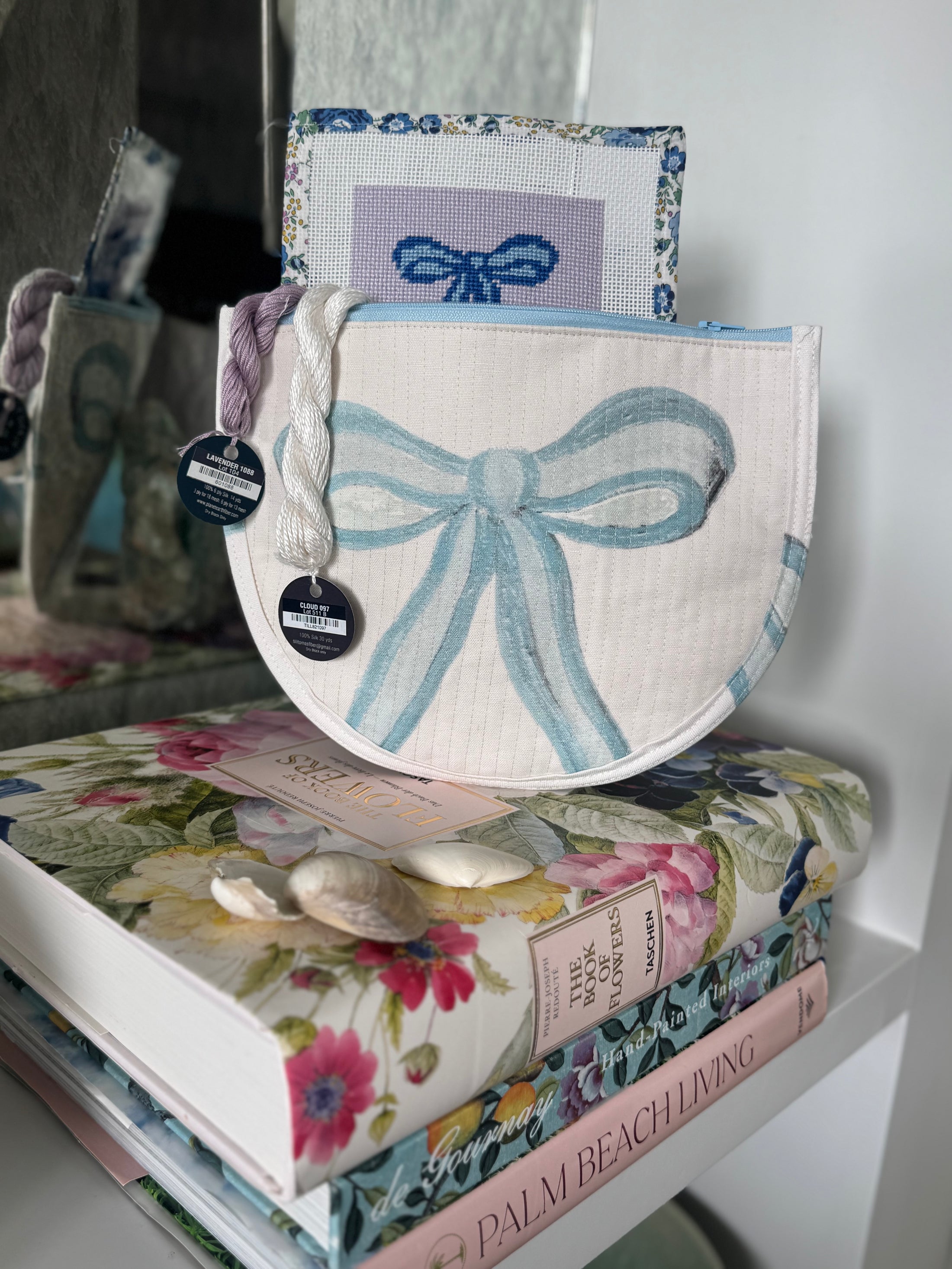 Blue Bow Needlepoint Canvas Thread Pouch Bag