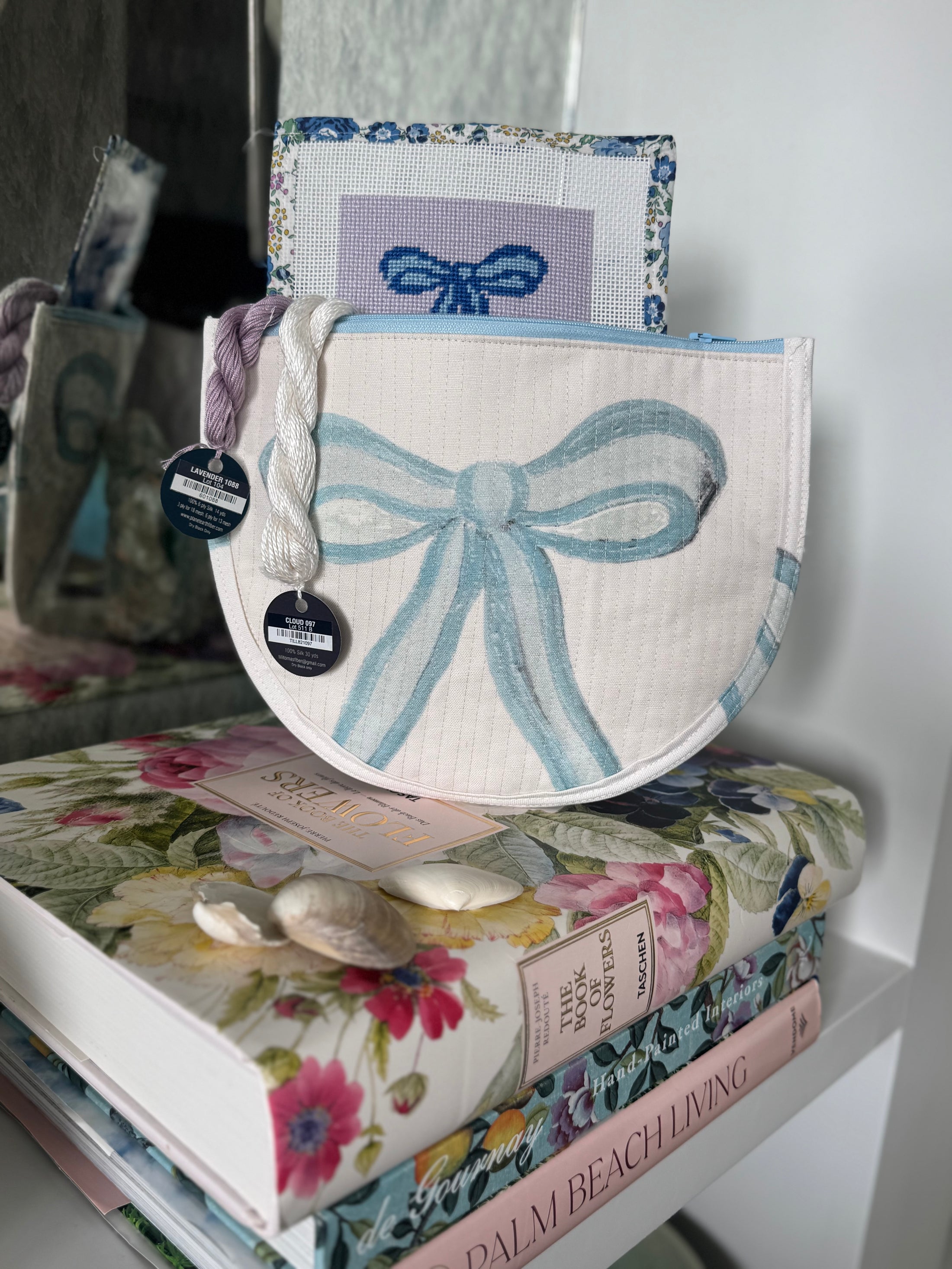 Blue Bow Needlepoint Canvas Thread Pouch Bag