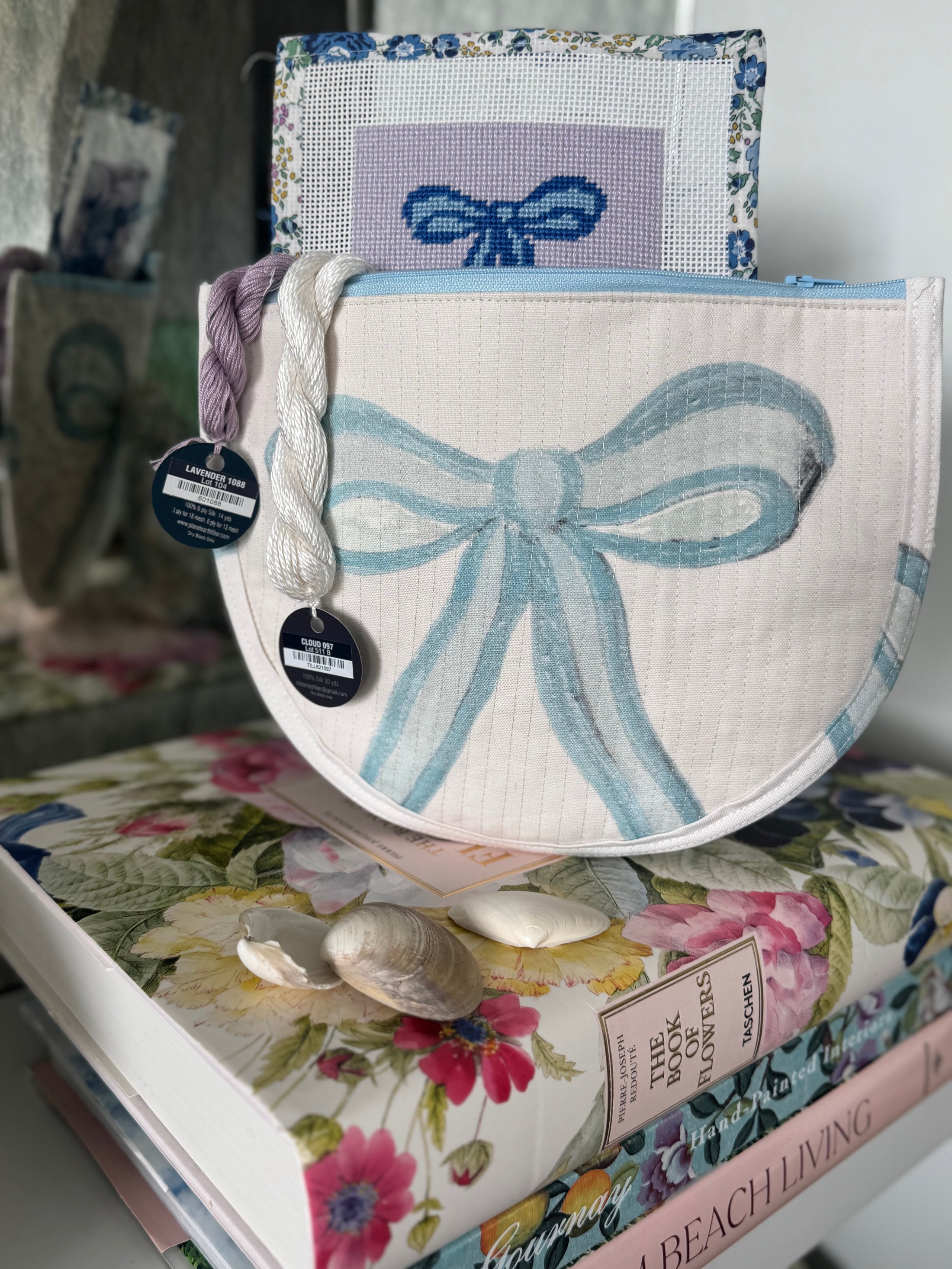 Blue Bow Needlepoint Canvas Thread Pouch Bag