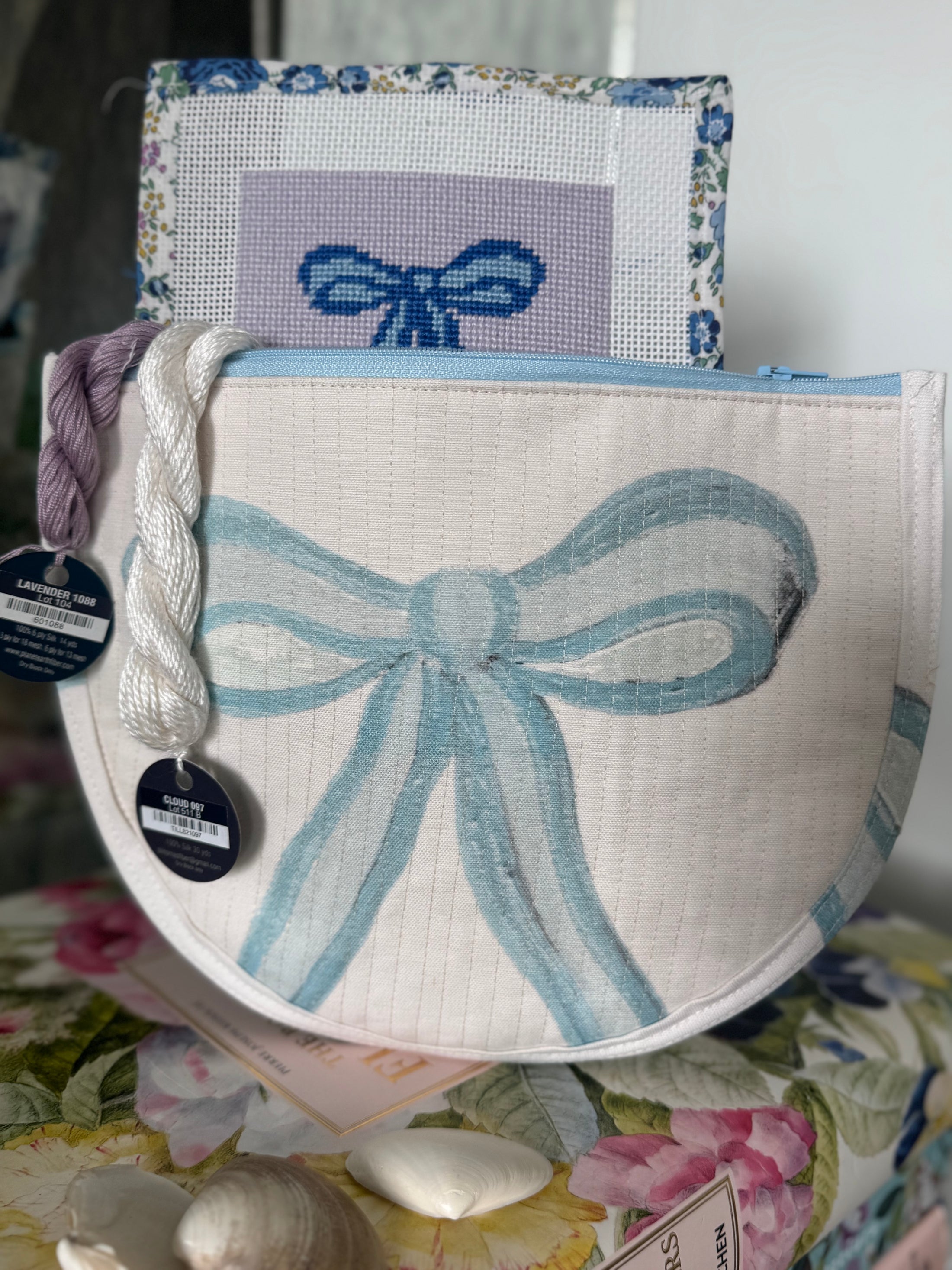 Blue Bow Needlepoint Canvas Thread Pouch Bag