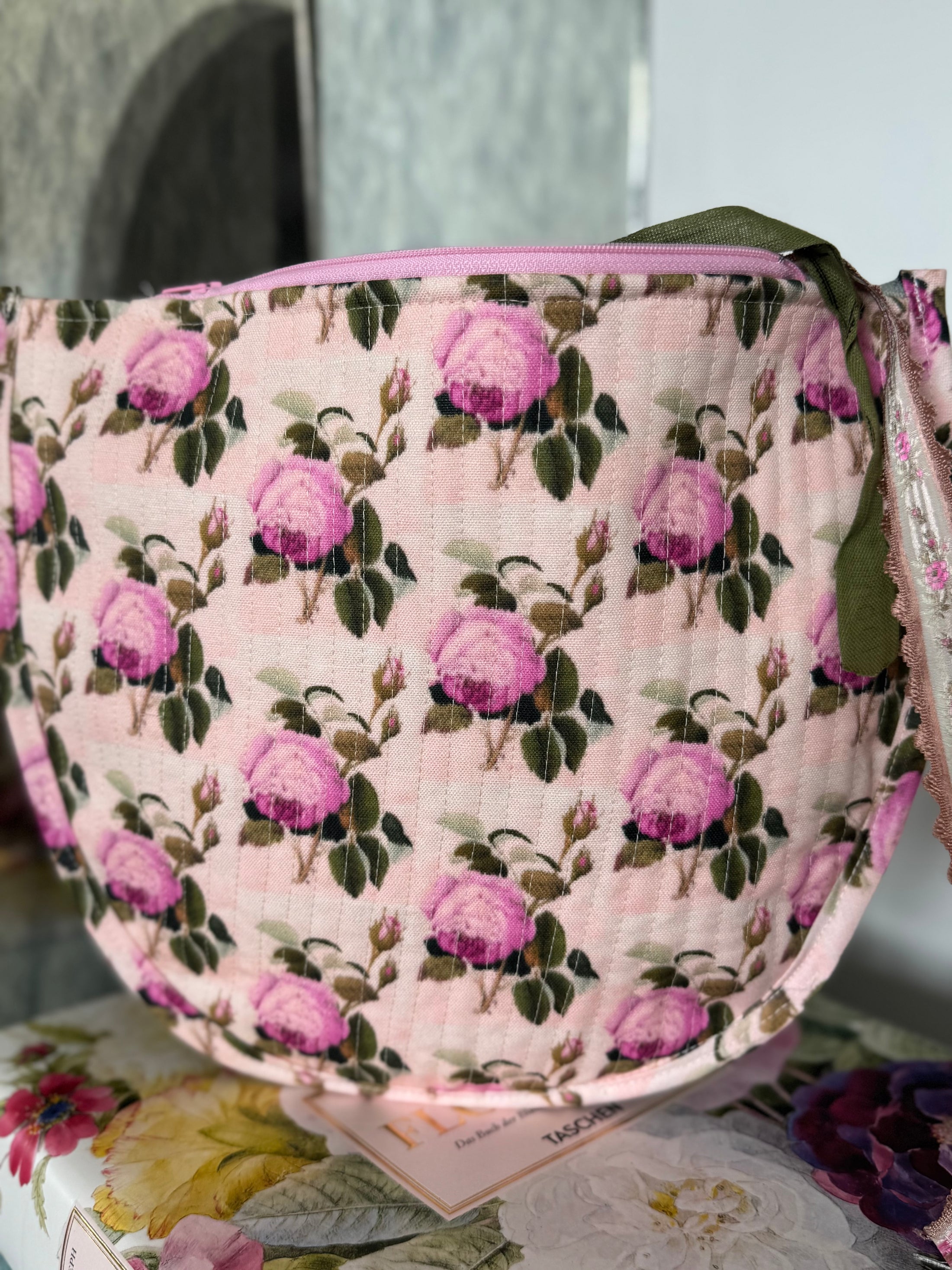 Pink Green Floral Needlepoint Canvas Thread Pouch Bag