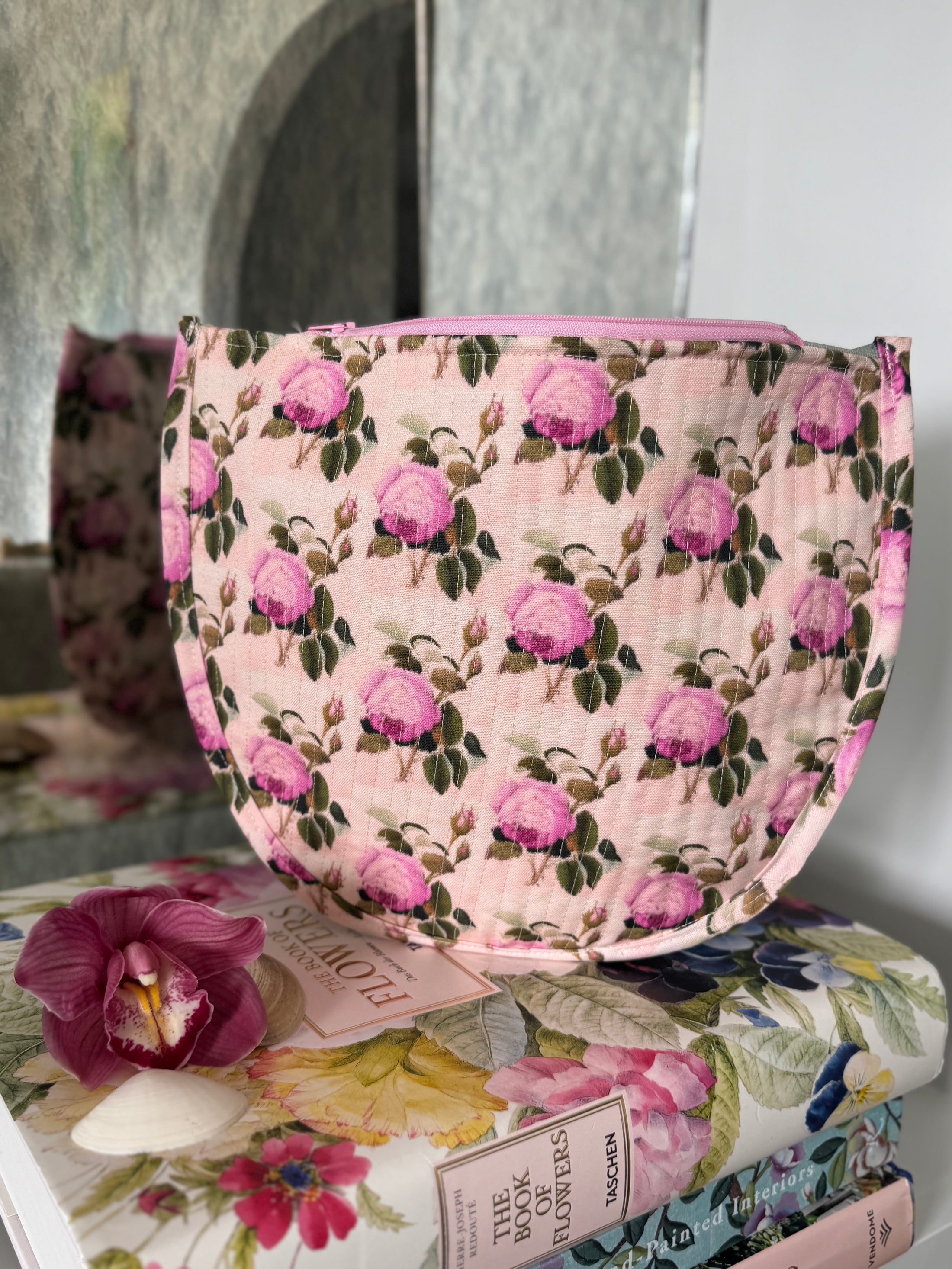 Pink Green Floral Needlepoint Canvas Thread Pouch Bag