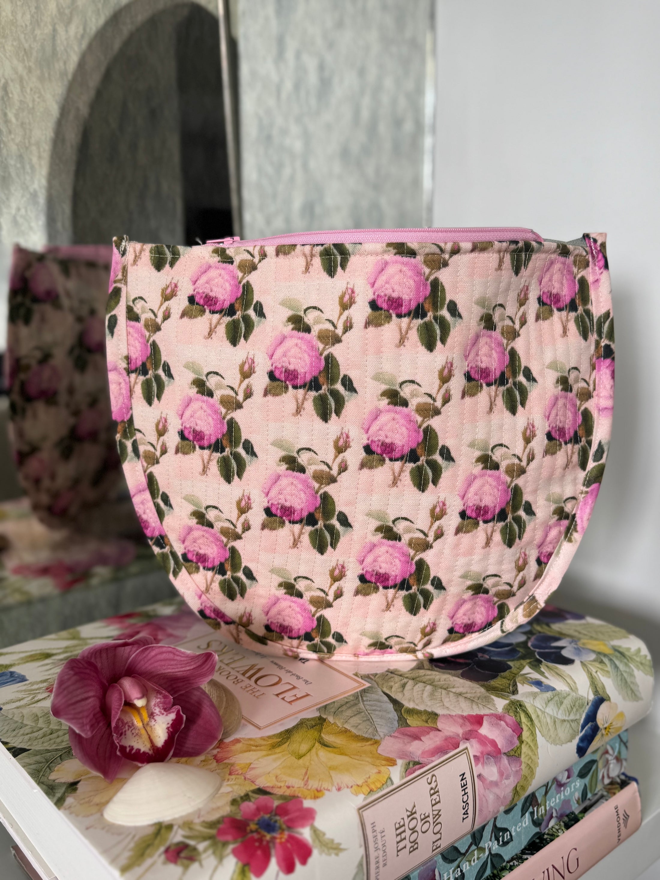 Pink Green Floral Needlepoint Canvas Thread Pouch Bag