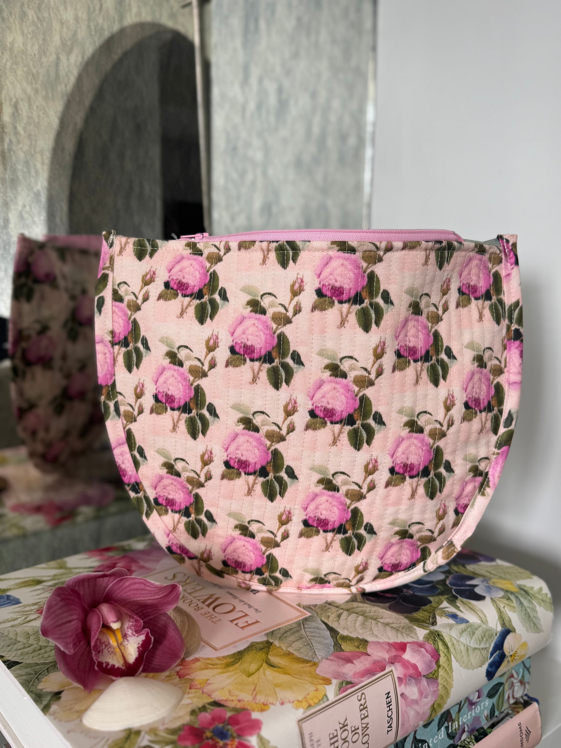 Pink Green Floral Needlepoint Canvas Thread Pouch Bag