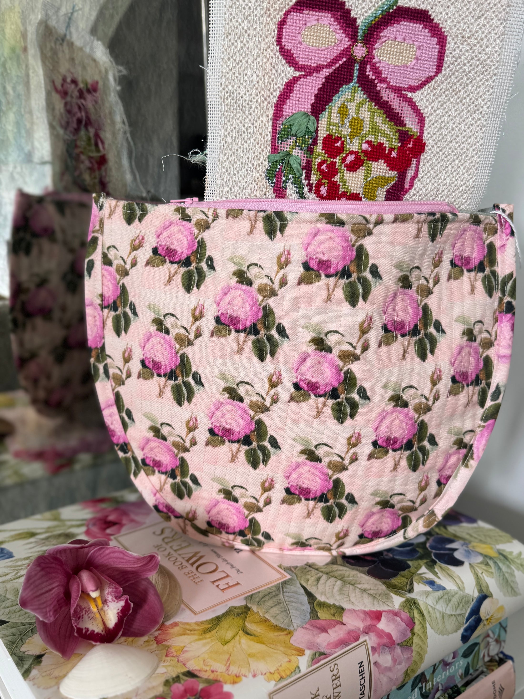 Pink Green Floral Needlepoint Canvas Thread Pouch Bag