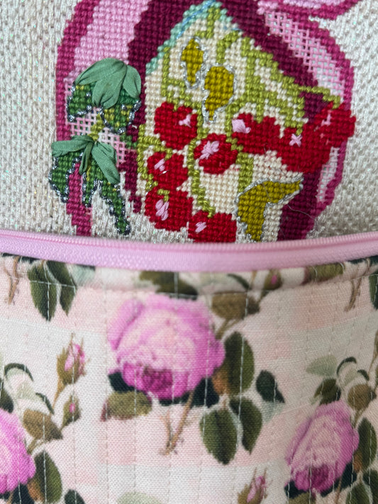 Bow of Cherries Needlepoint Canvas 13 Zweigart Mono Deluxe Mesh Embroidery finished Liberty of London fabric on the edges