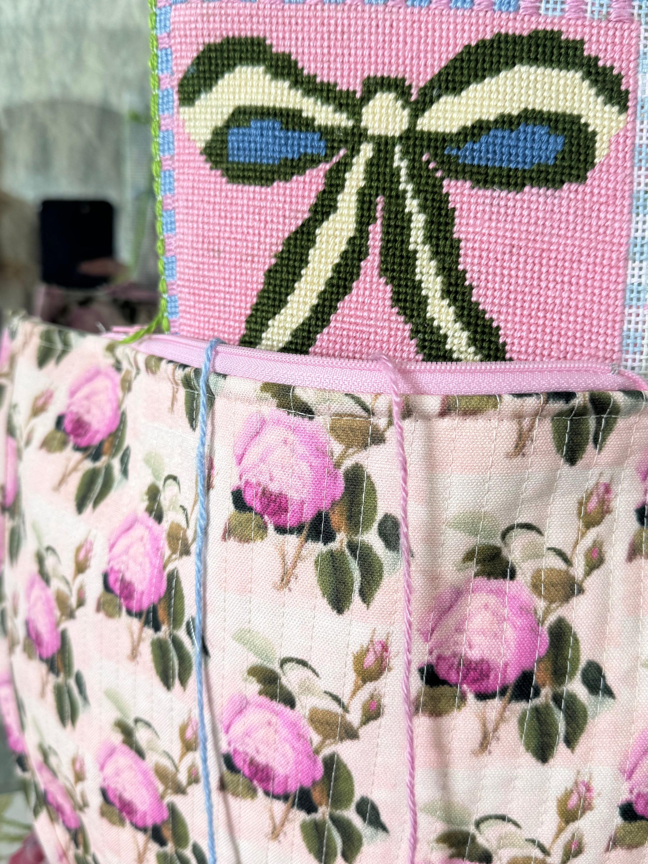 Pink Green Floral Needlepoint Canvas Thread Pouch Bag