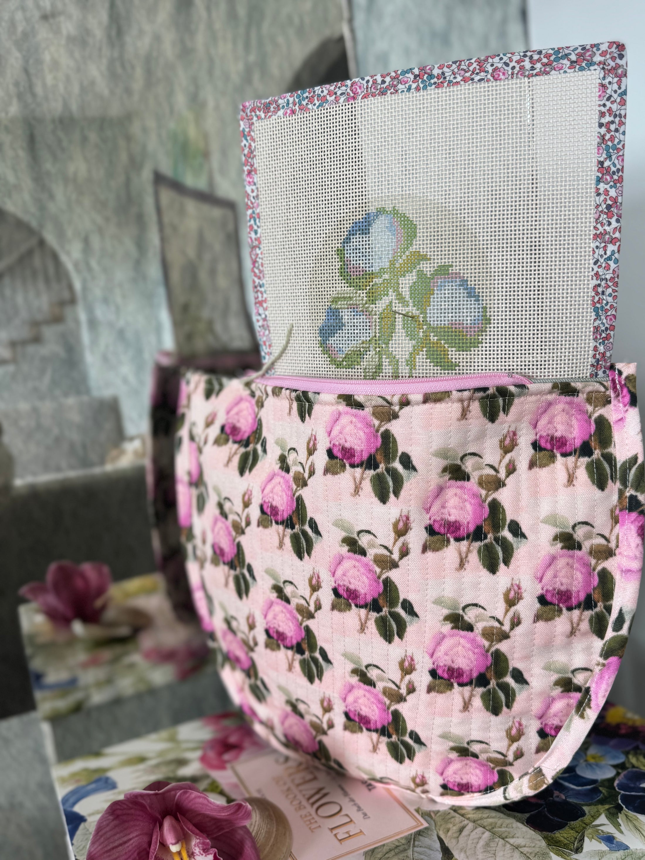 Pink Green Floral Needlepoint Canvas Thread Pouch Bag