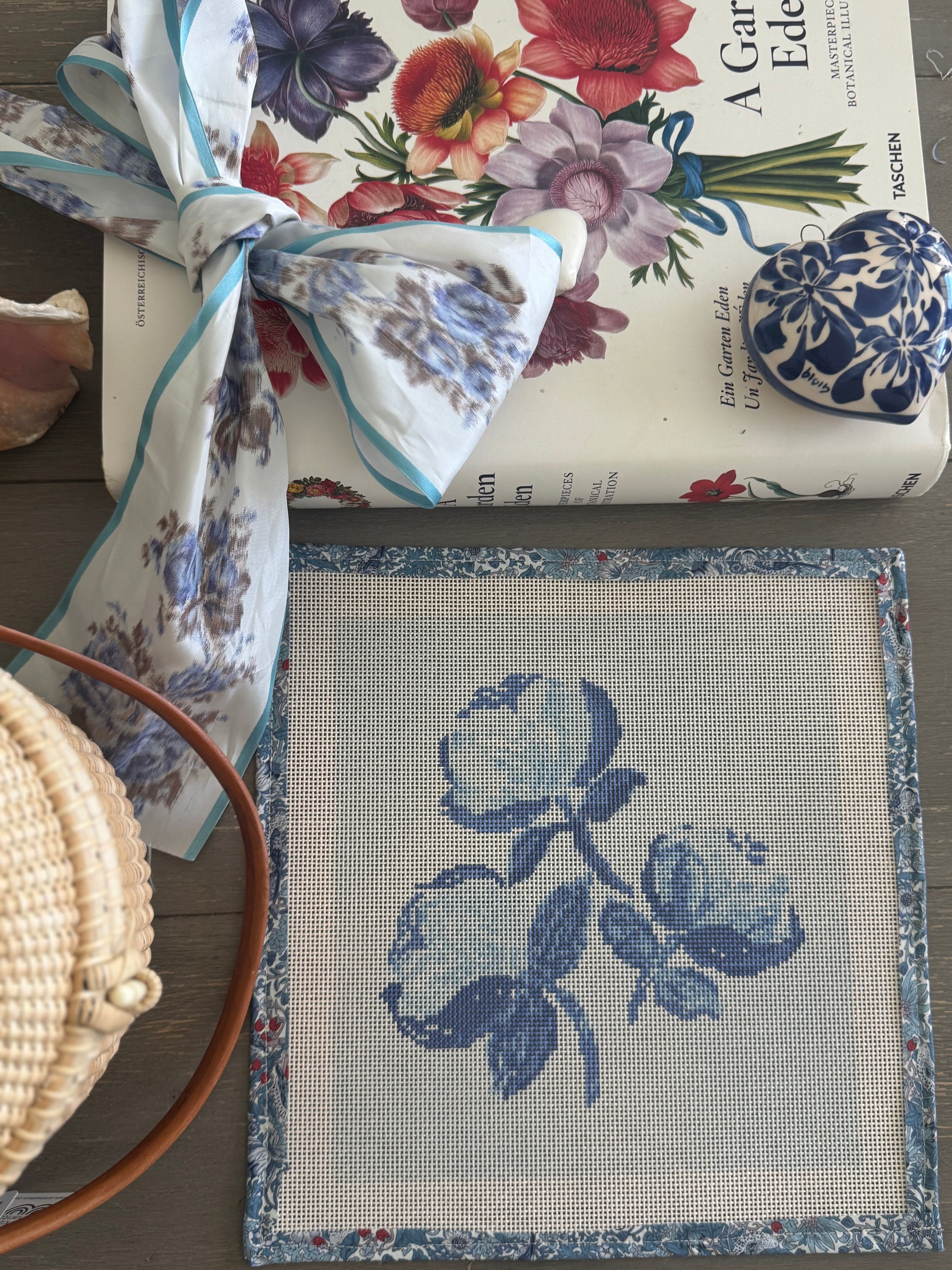 Needlepoint Canvas on 13 Roses Zweigart Mono Deluxe Mesh Embroidery with finished Liberty of London fabric on the edges