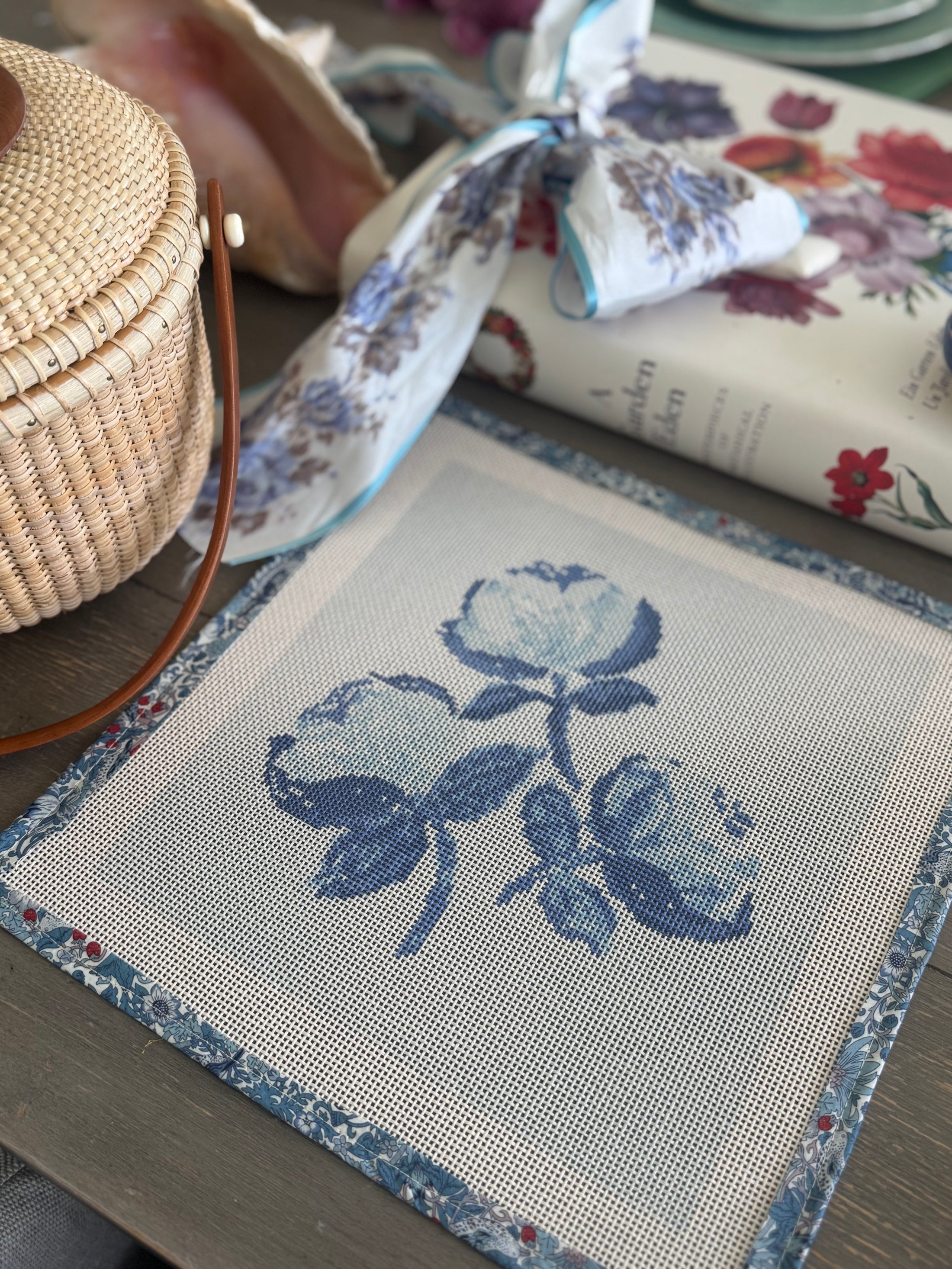 Needlepoint Canvas on 13 Roses Zweigart Mono Deluxe Mesh Embroidery with finished Liberty of London fabric on the edges