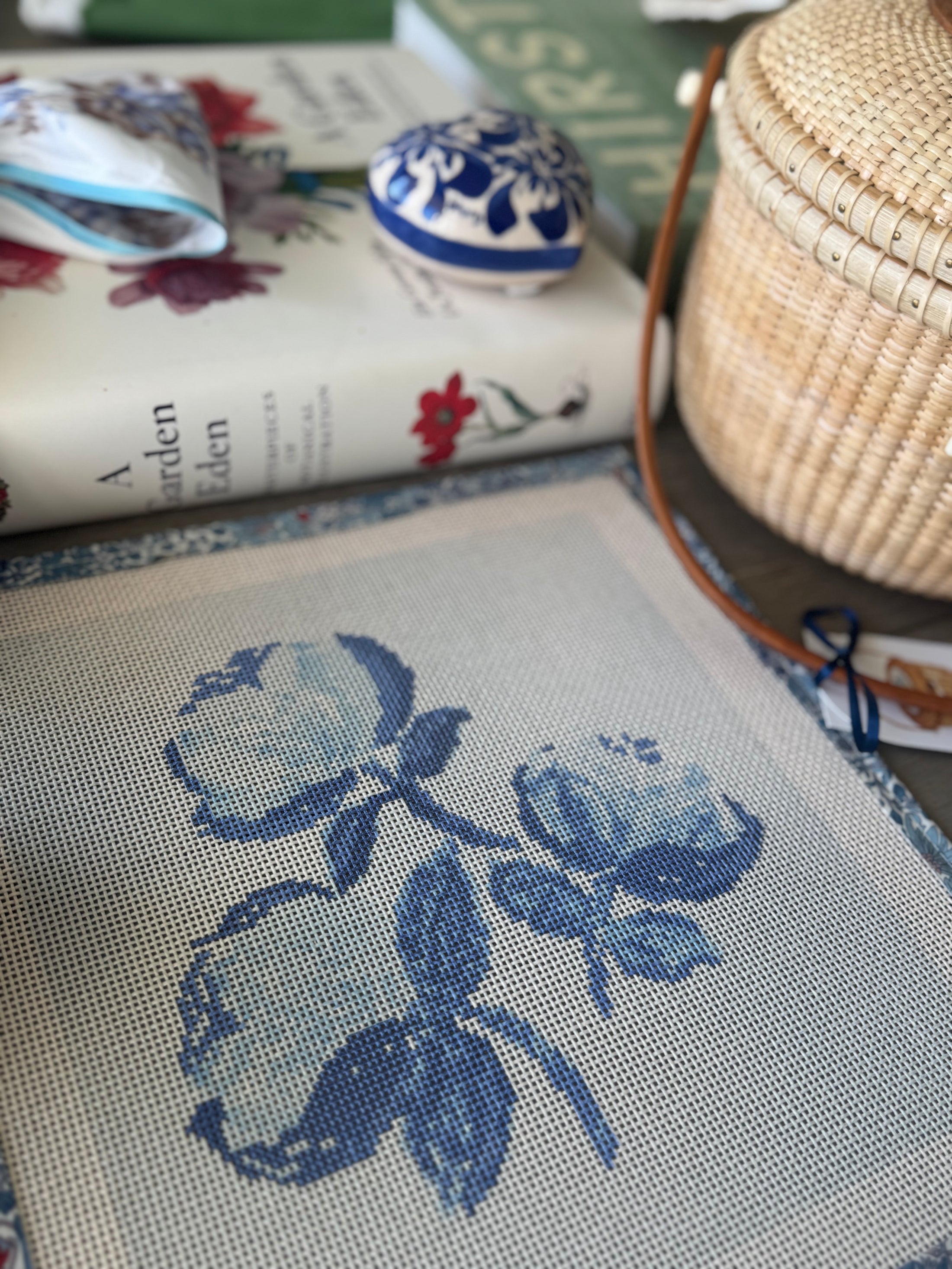 Needlepoint Canvas on 13 Roses Zweigart Mono Deluxe Mesh Embroidery with finished Liberty of London fabric on the edges