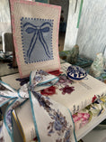 Load image into Gallery viewer, Blue Bow Needlepoint Canvas 13 Bow Zweigart Mono Deluxe Mesh Embroidery with finished Liberty of London fabric on the edges (Copy)
