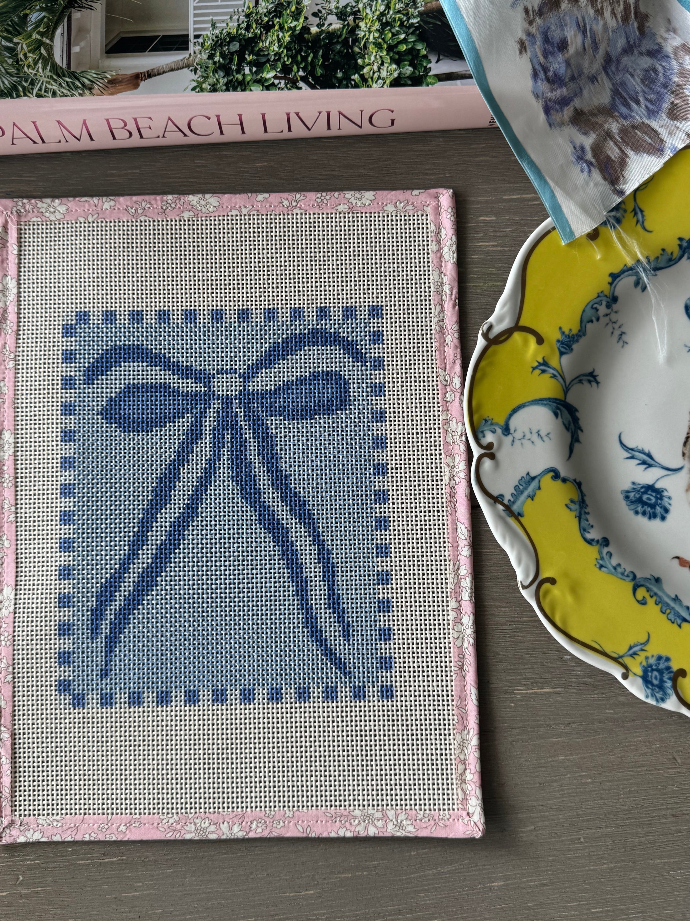 Blue Bow Needlepoint Canvas 13 Bow Zweigart Mono Deluxe Mesh Embroidery with finished Liberty of London fabric on the edges (Copy)