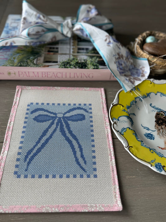 Blue Bow Needlepoint Canvas 13 Bow Zweigart Mono Deluxe Mesh Embroidery with finished Liberty of London fabric on the edges (Copy)