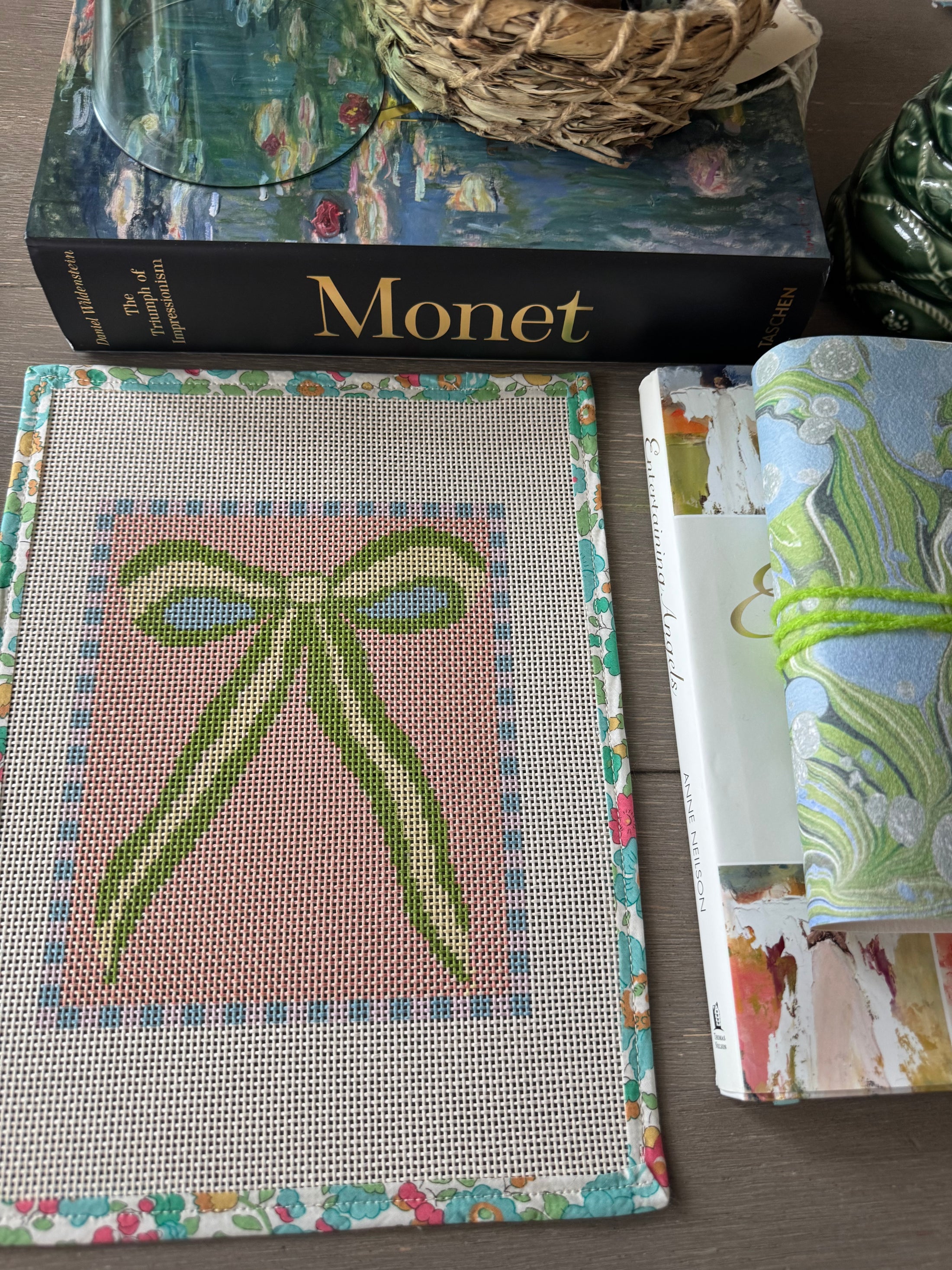 Green Peach Bow Needlepoint Canvas 13 Bow Zweigart Mono Deluxe Mesh Embroidery with finished Liberty of London fabric on the edges SALE