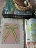 Load image into Gallery viewer, Green Peach Bow Needlepoint Canvas 13 Bow Zweigart Mono Deluxe Mesh Embroidery with finished Liberty of London fabric on the edges SALE
