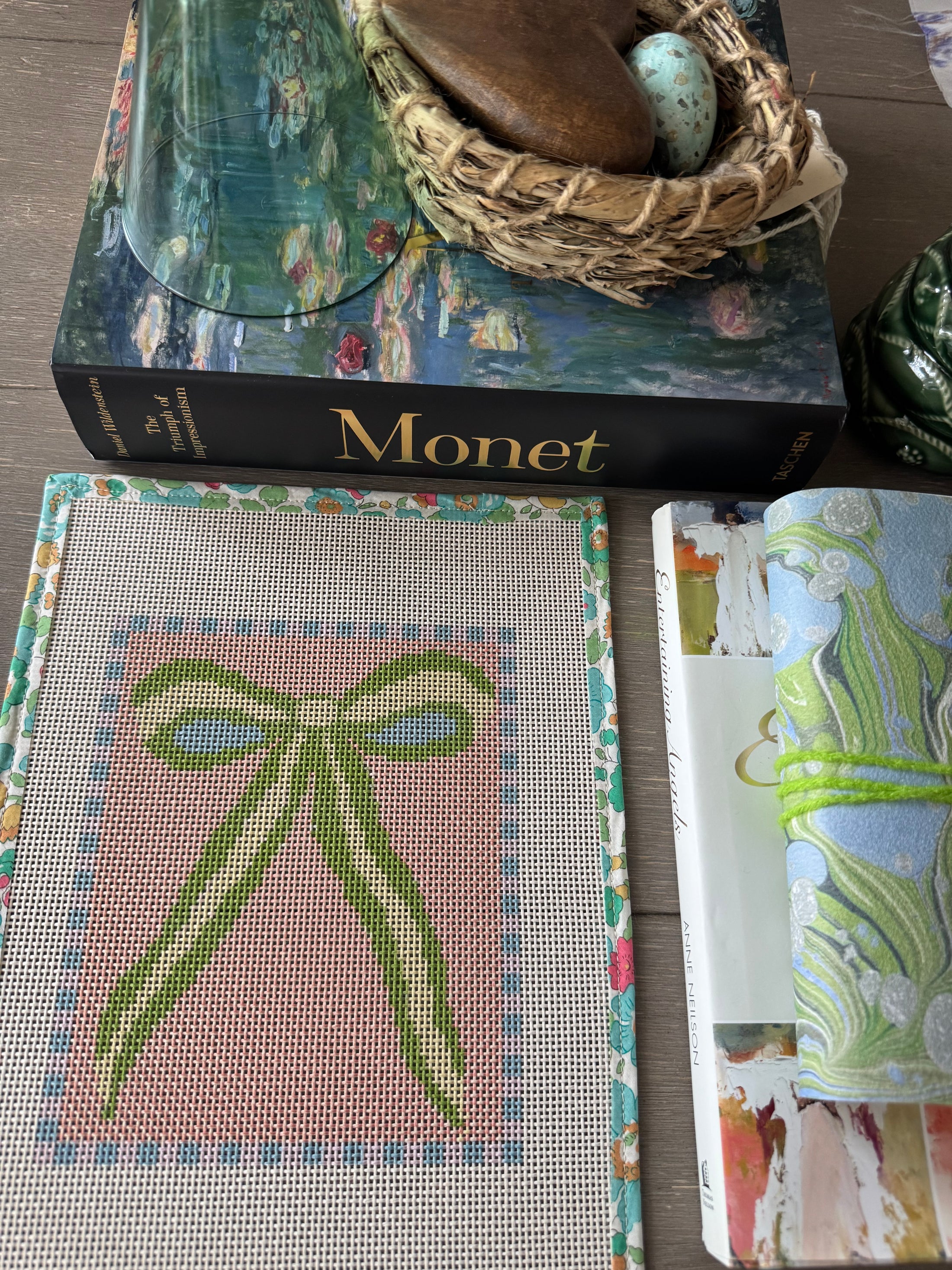 Green Peach Bow Needlepoint Canvas 13 Bow Zweigart Mono Deluxe Mesh Embroidery with finished Liberty of London fabric on the edges SALE