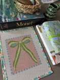 Load image into Gallery viewer, Green Peach Bow Needlepoint Canvas 13 Bow Zweigart Mono Deluxe Mesh Embroidery with finished Liberty of London fabric on the edges SALE
